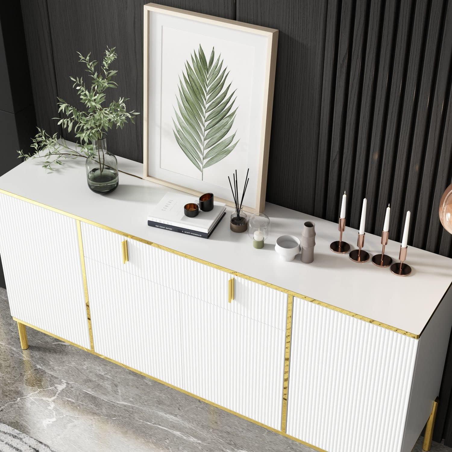OXYLIFE Kitchen Credenza Storage Cabinet, Buffet Sideboard with Drawer and Adjustable Shelf, White