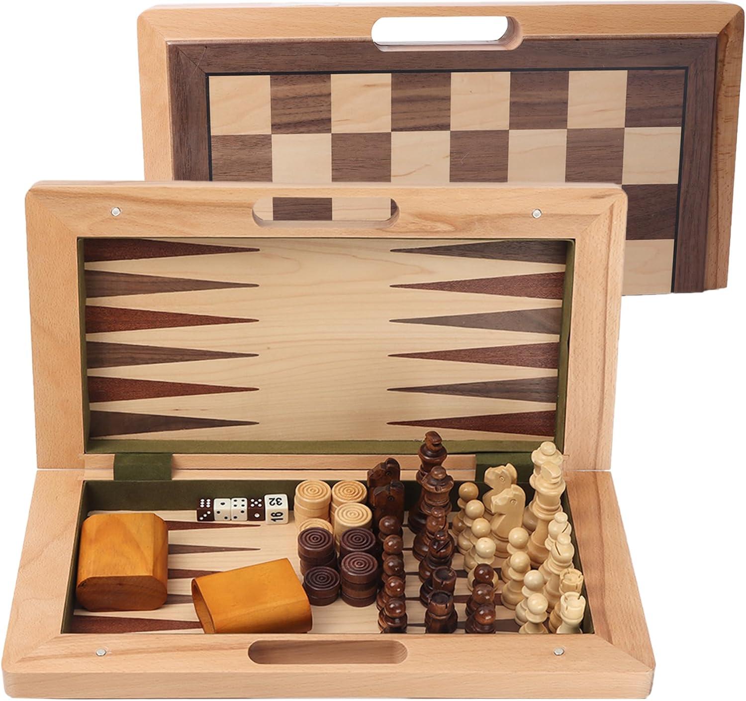 GSE 3-in-1 Wooden Folding Chess, Checker and Backgammon Board Game Combo Set