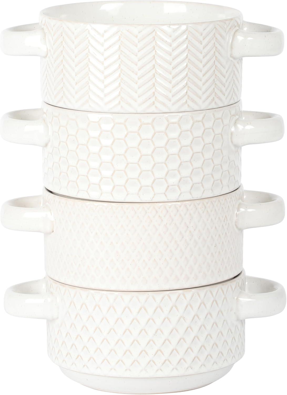 Gibson Elite Gibson Elite Oyster Tide Embossed 6 Inch Soup Bowls with Handles. French Onion Soup Crocks, Stackable Soup Bowl, Chili, Beef Stew Reactive Glaze  Stackable Ceramic Bowl, Set of 4, White