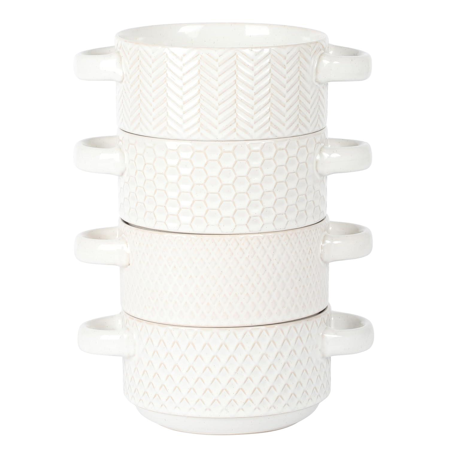 Gibson Elite Gibson Elite Oyster Tide Embossed 6 Inch Soup Bowls with Handles. French Onion Soup Crocks, Stackable Soup Bowl, Chili, Beef Stew Reactive Glaze  Stackable Ceramic Bowl, Set of 4, White