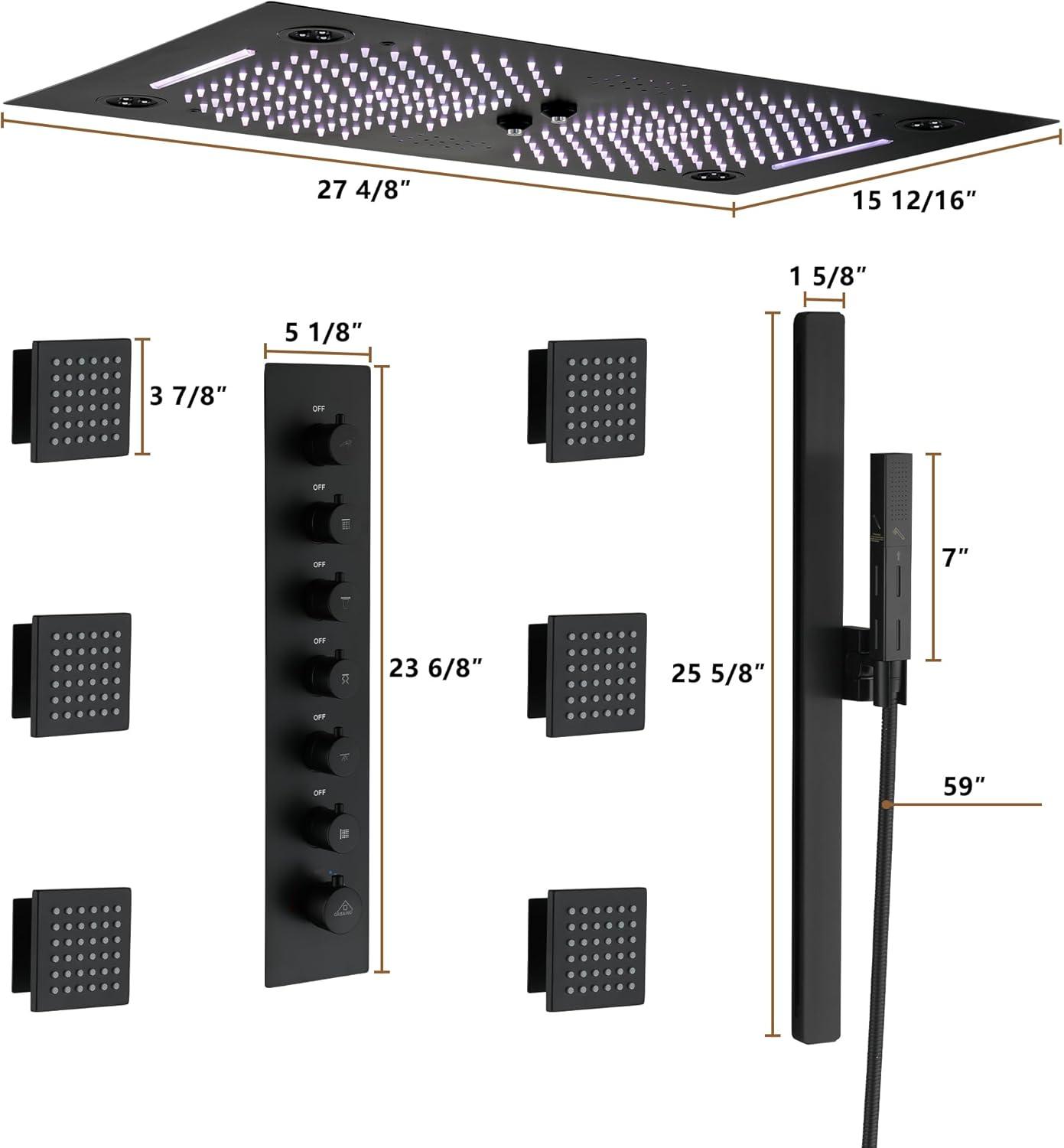 Rodeo 27.5-Inch LED&Music Rainfall Thermostatic Shower System with Slide Bar and 2-in-1 Handheld
