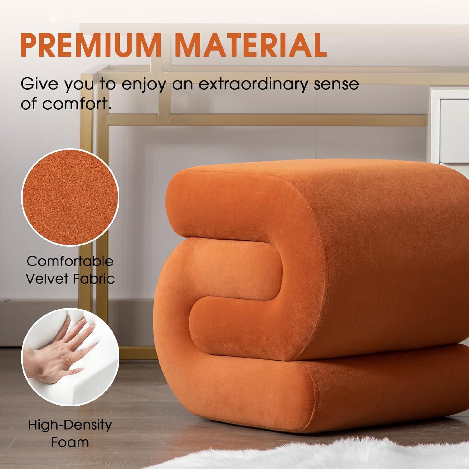 Foot Stool, Modern S-Shape Velvet Ottoman Makeup Chair Footstool Under Desk, Upholstered Extra Seating for Living Room, Bedroom, Entryway, Office (Orange)