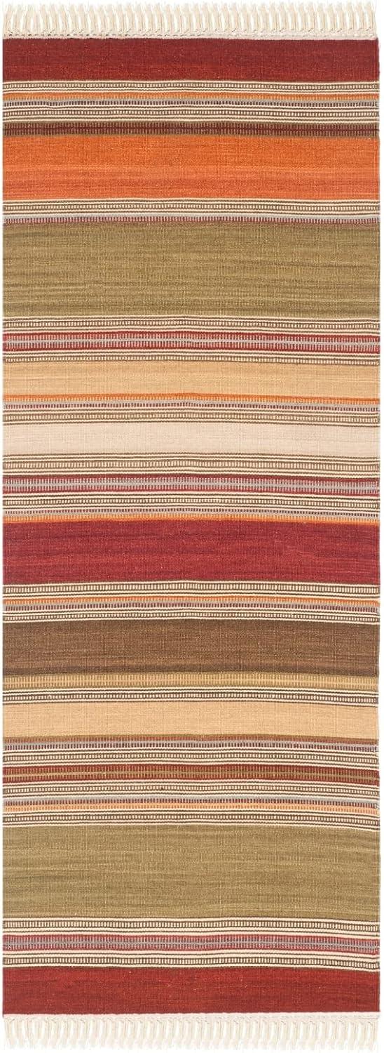 Handmade Square Flat Woven Striped Kilim Rug in Red Wool and Cotton