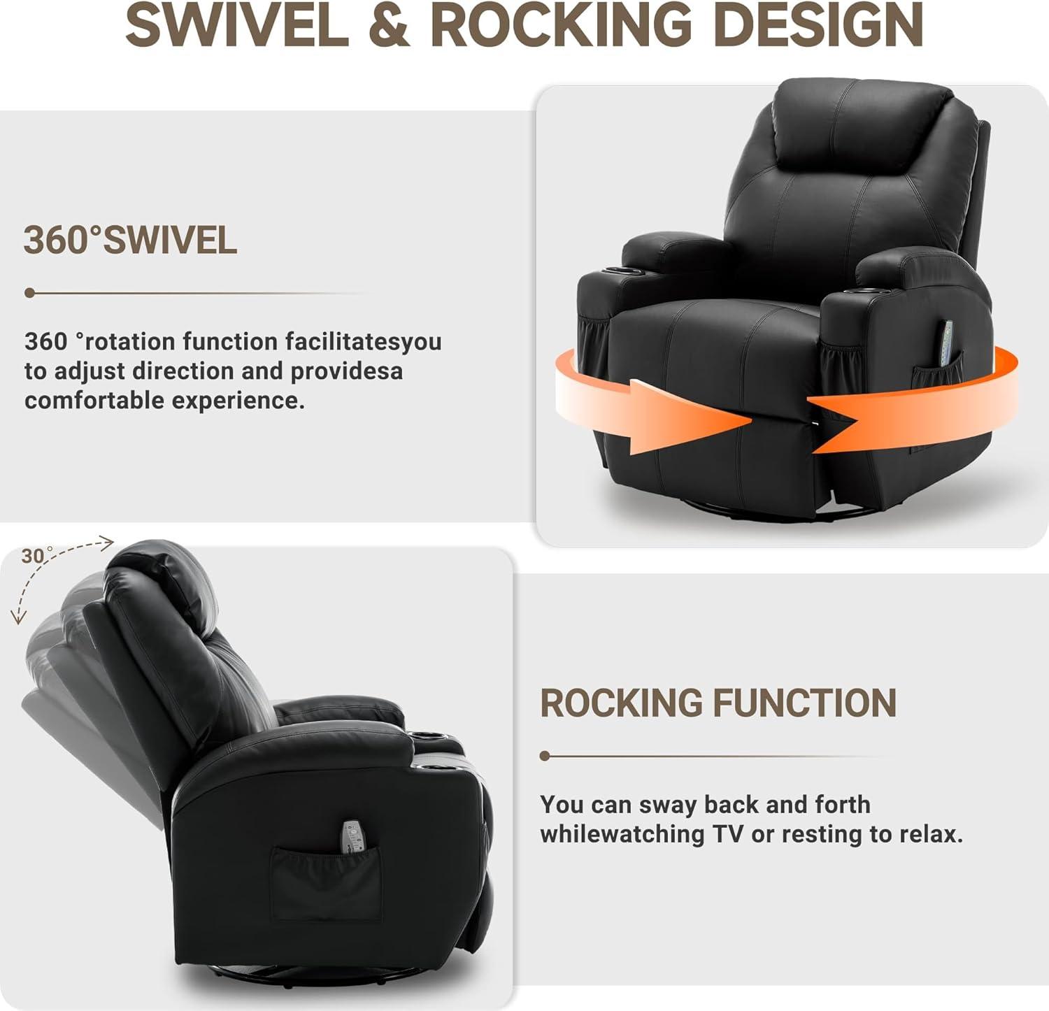 Latitude Run® Recliner Chair, Rocking Chair with Massage and Heat, 360° Swivel Recliner Chairs for Adults, Rocker Manual Recliner with Remote Control and Cup Holder for Living Room
