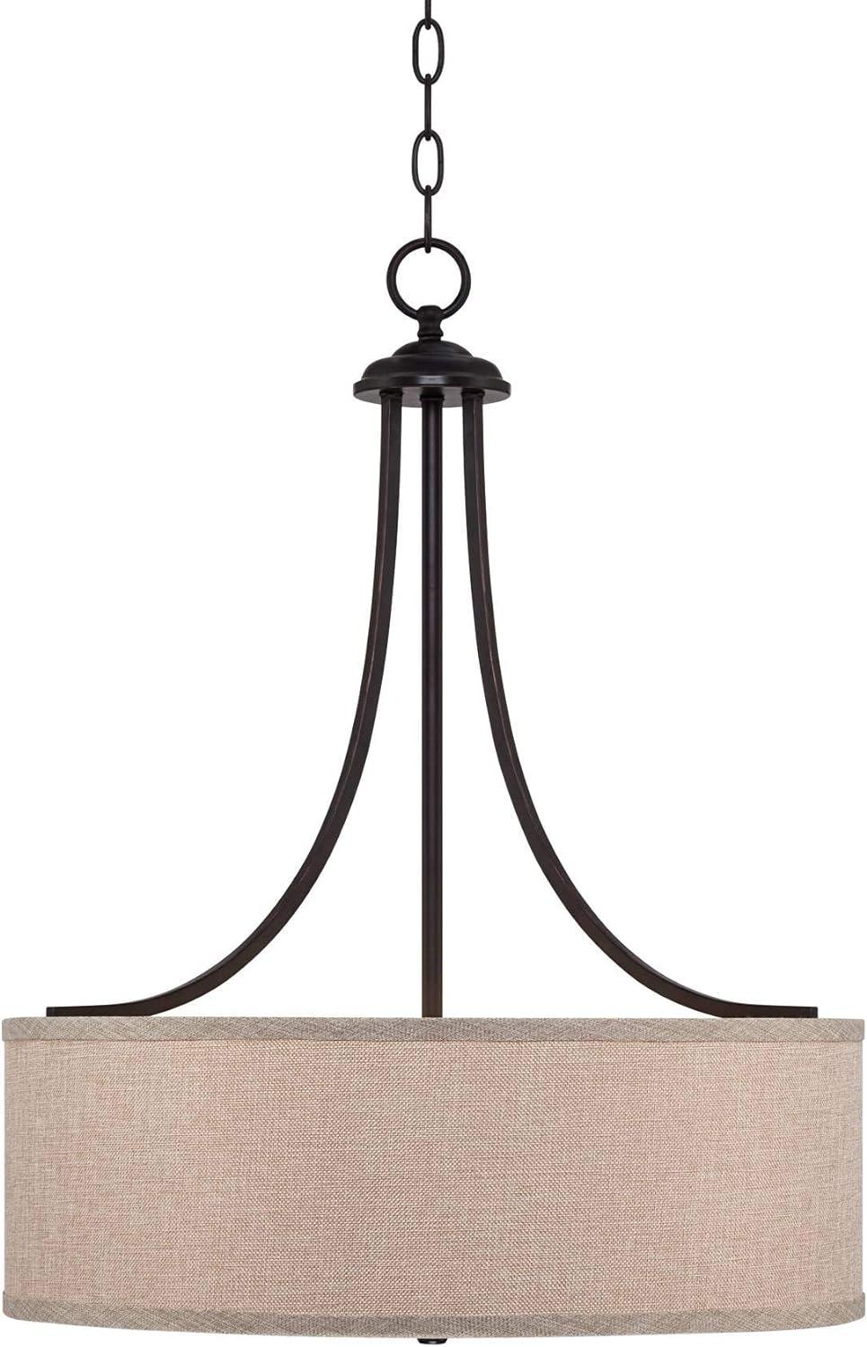 Franklin Iron Works Oil Rubbed Bronze Pendant Chandelier 19 1/2" Wide Farmhouse Rustic Oatmeal Linen Drum Shade Fixture for Dining Room Kitchen Island