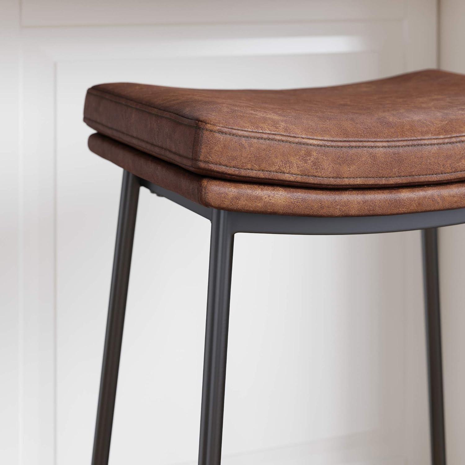 Vintage Brown-Matte Black Backless Saddle Leather Barstool