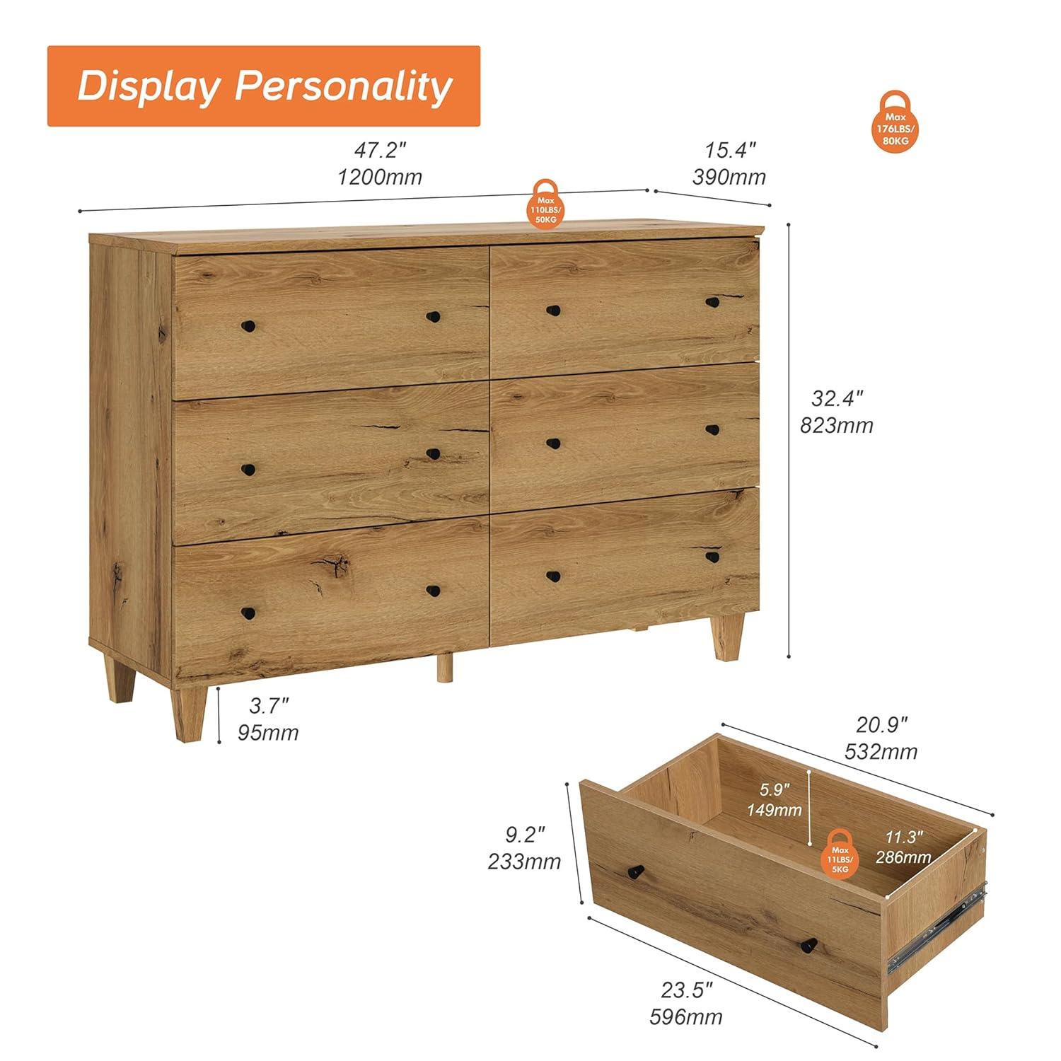 Wampat 47" Baby Dresser for Nursery with 6 Drawers, Changing Table for Baby, Oak Brown