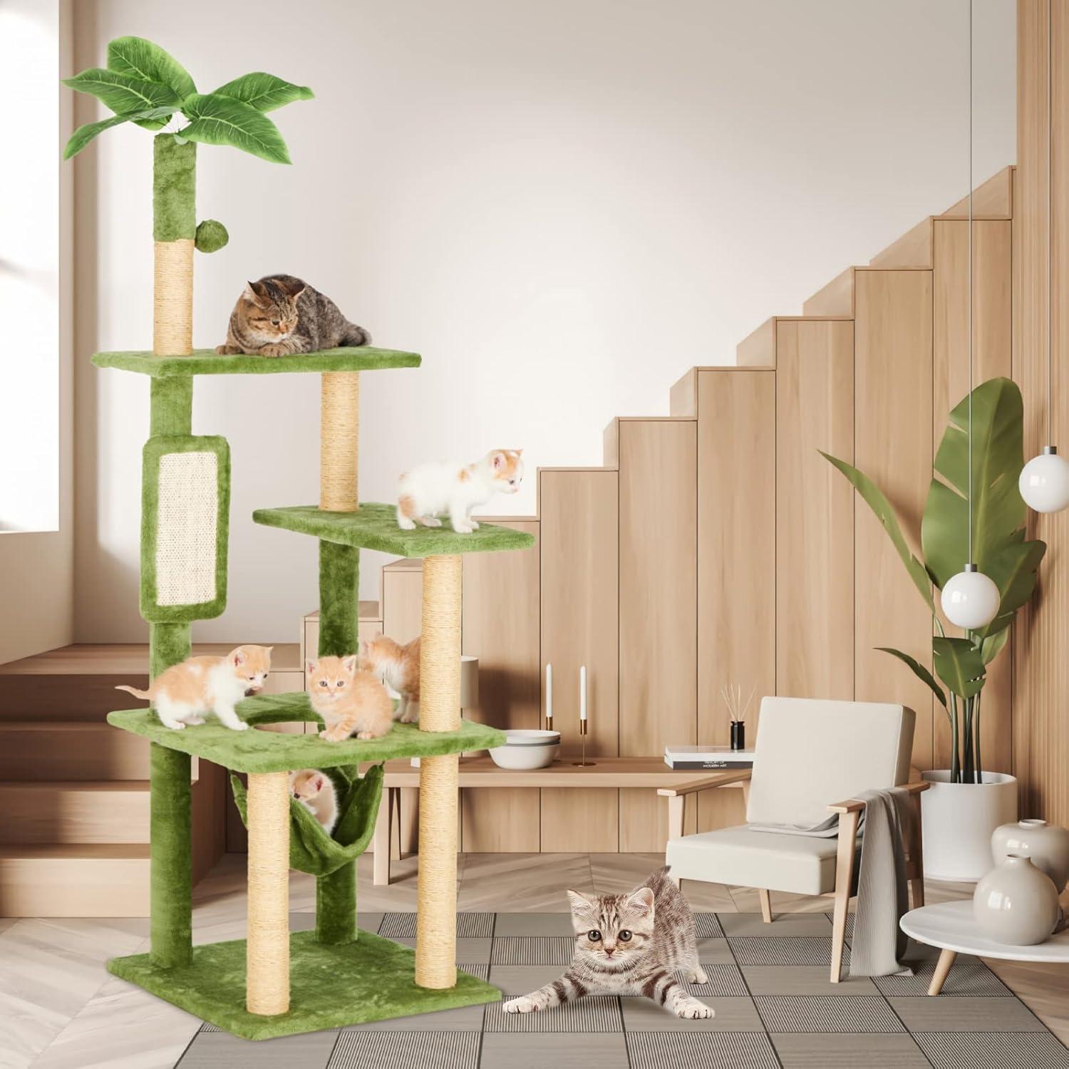 55'' Green Multi-Level Cat Tree with Hammock and Sisal Posts