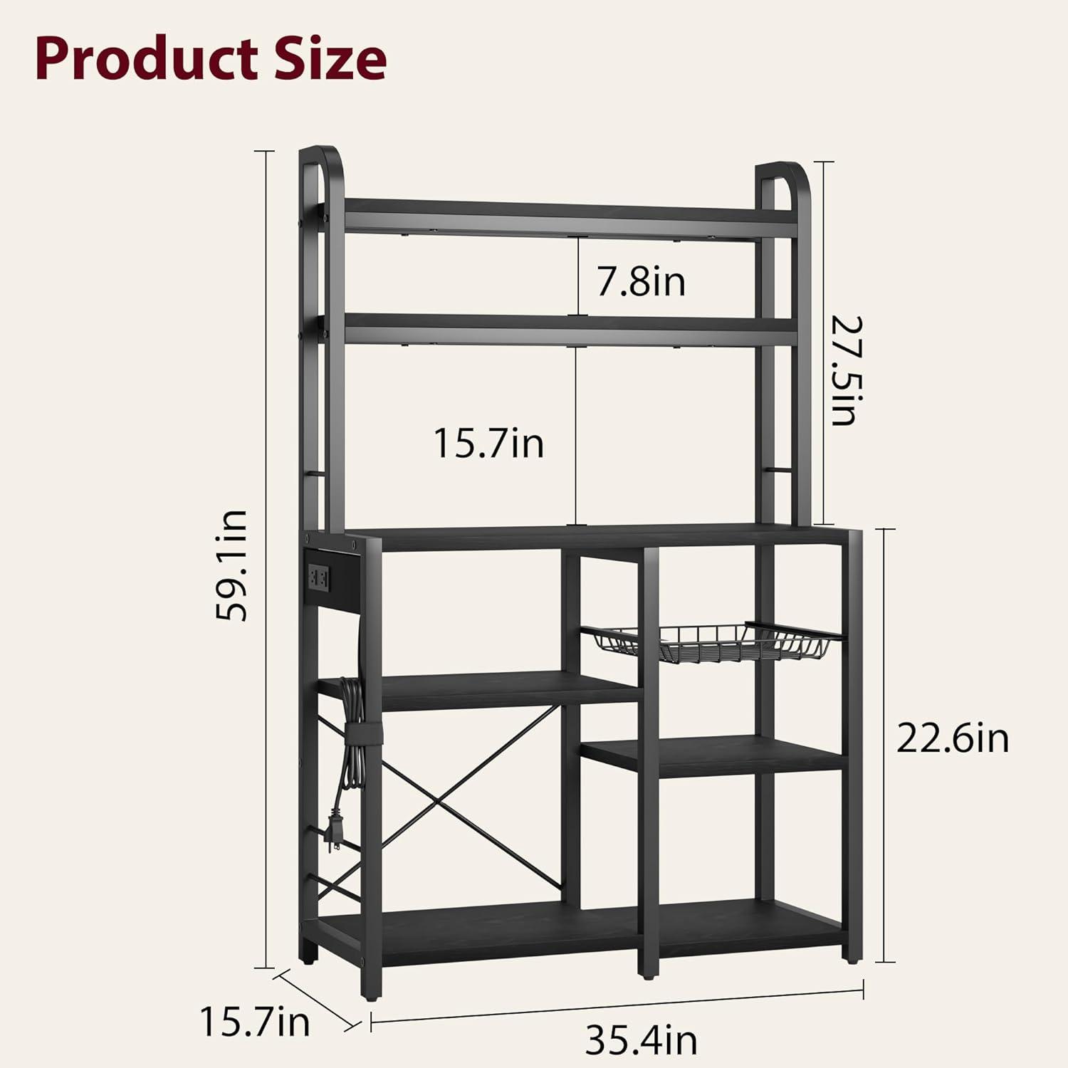 Bakers Rack with Power Outlet, Coffee Bar with Wire Drawer, Industrial Microwave Stand, Kitchen Buffet Table with Large Storage, 6-Tier Kitchen Storage Rack with Hutch