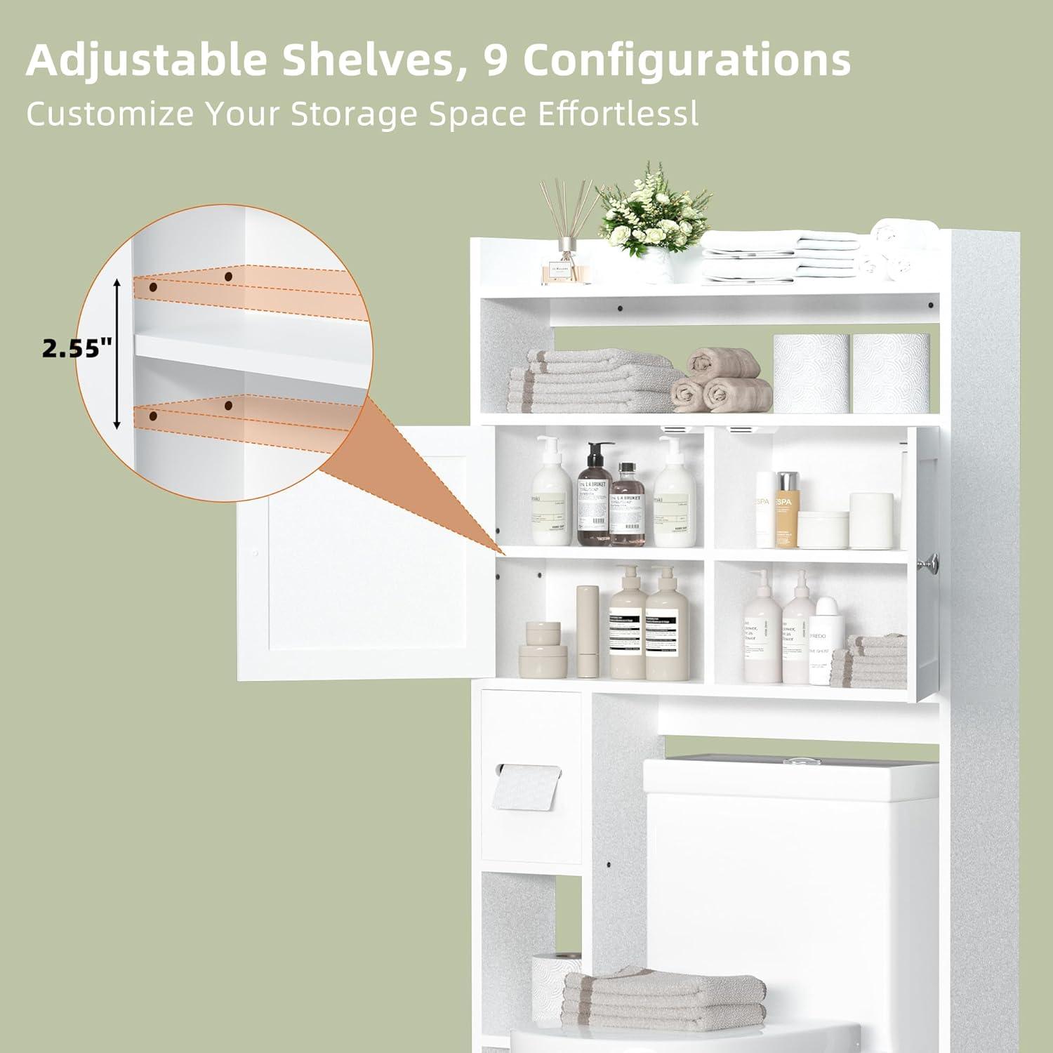 White Adjustable Over-the-Toilet Storage Cabinet with Glass Doors