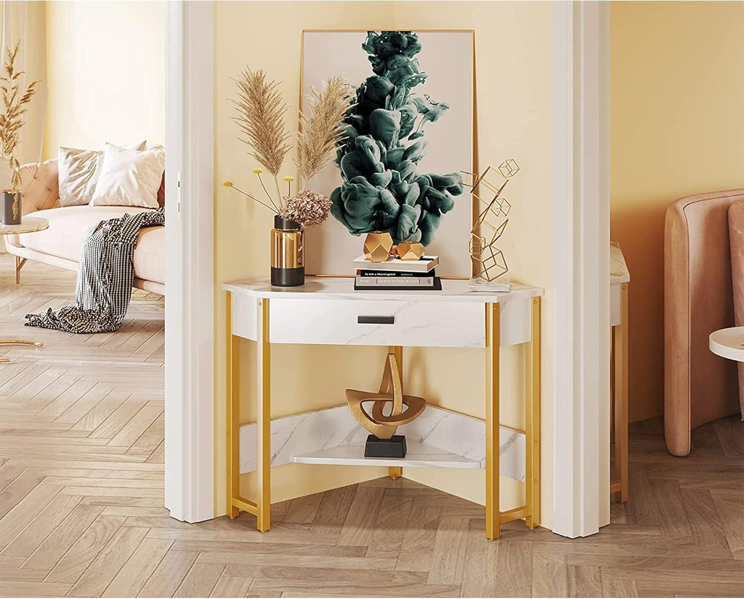 Sleek Black Wood Triangle Corner Desk with Large Drawer & Storage Shelves