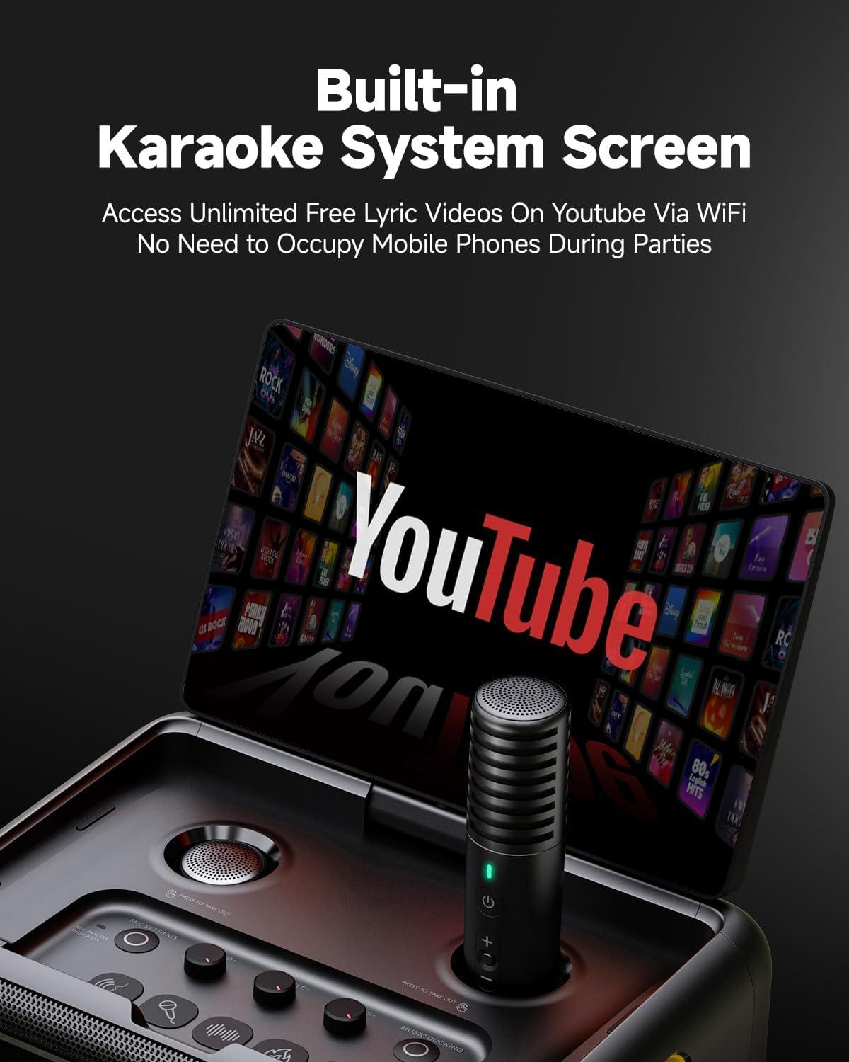 Ikarao Smart Karaoke Machine for Adults with Screen Lyrics Display,2 Wireless Mics,Portable Bluetooth Speaker for Any Occasion