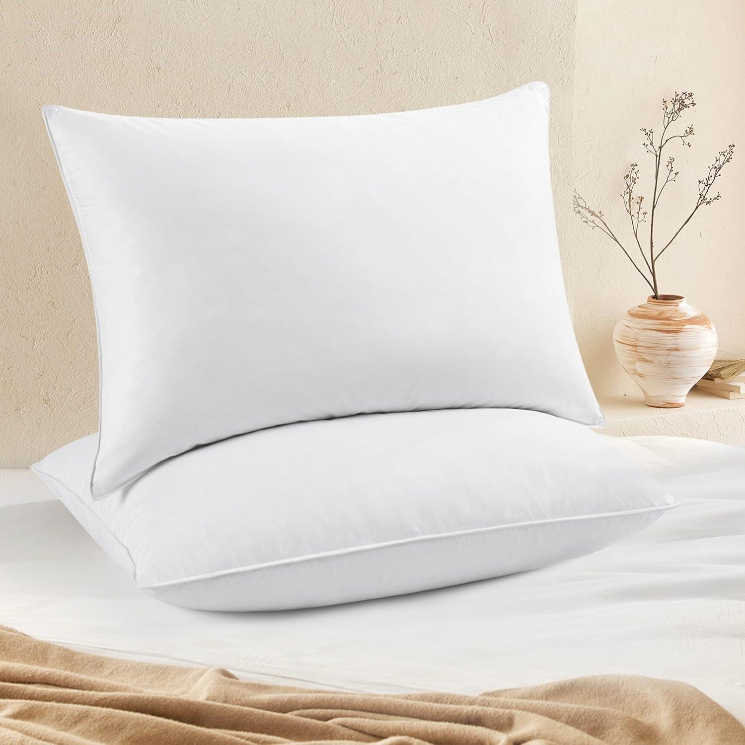 Standard White Goose Feather Down Pillows with Cotton Cover, Set of 2