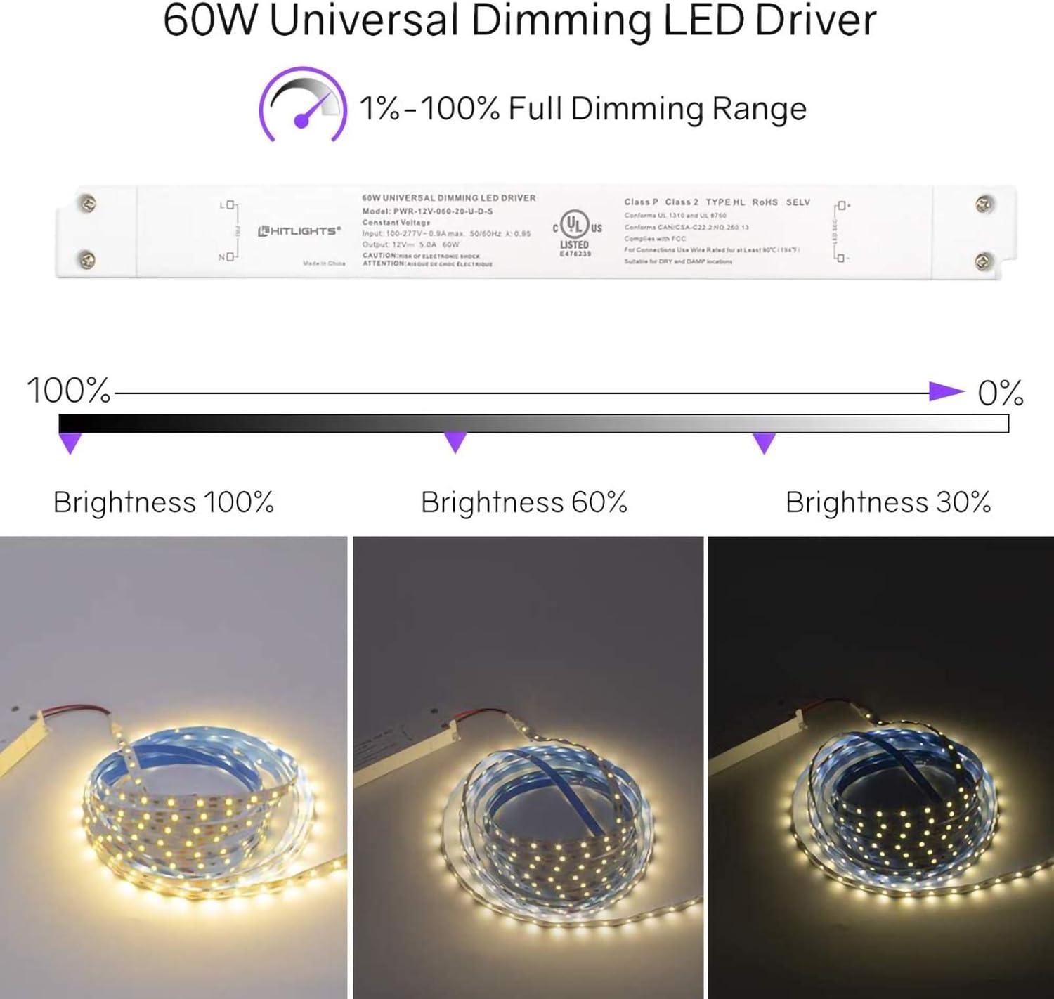 HitLights 60W Dimmable LED Driver Transformer, Power Supply 100-277V AC to 12V DC, 5A, Compatible with Lutron Leviton Dimmers, for LED Strip Lights, Constant Voltage LED Projects, UL-Listed,White