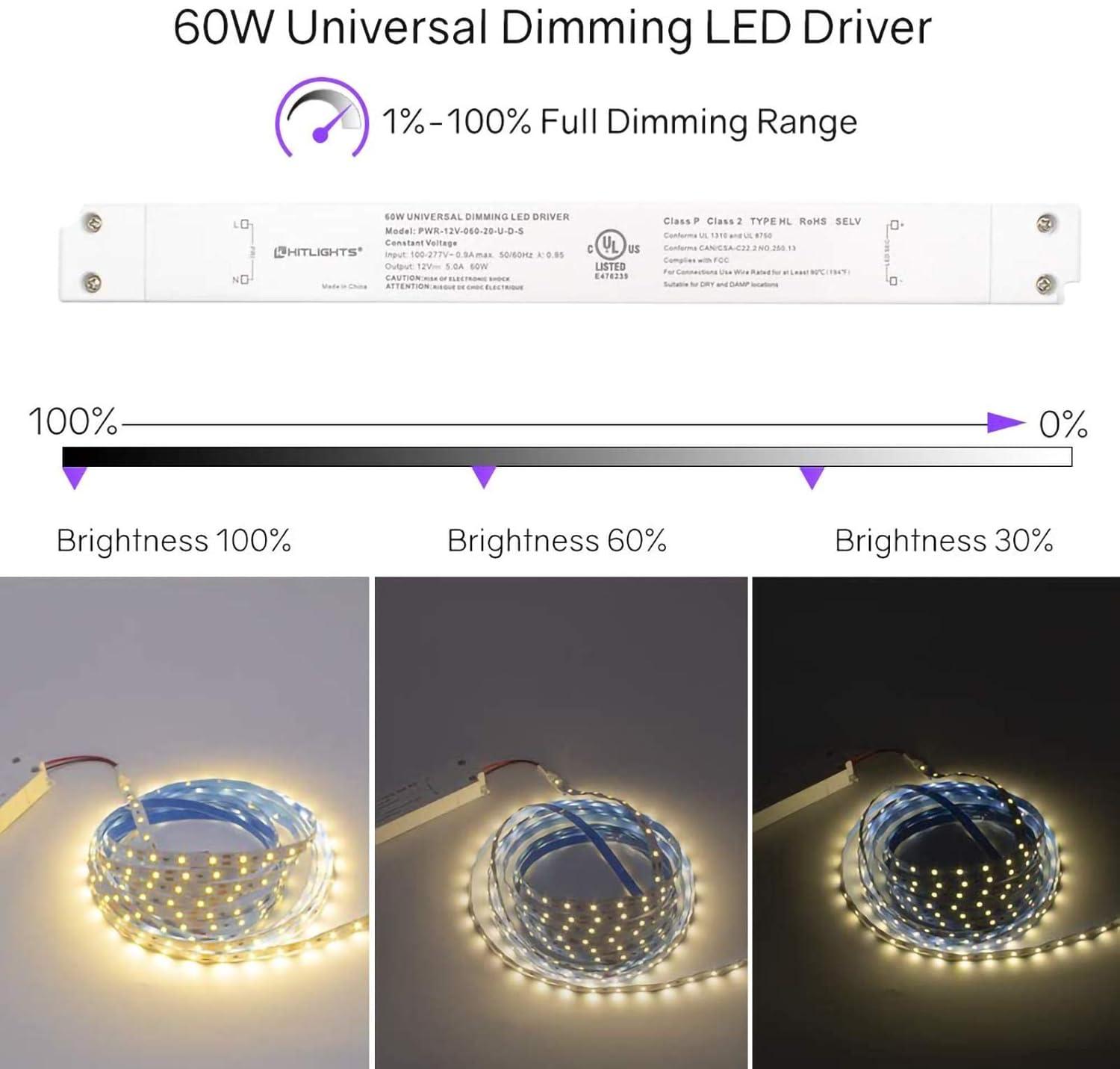 HitLights 60W Dimmable LED Driver Transformer, Power Supply 100-277V AC to 12V DC, 5A, Compatible with Lutron Leviton Dimmers, for LED Strip Lights, Constant Voltage LED Projects, UL-Listed,White