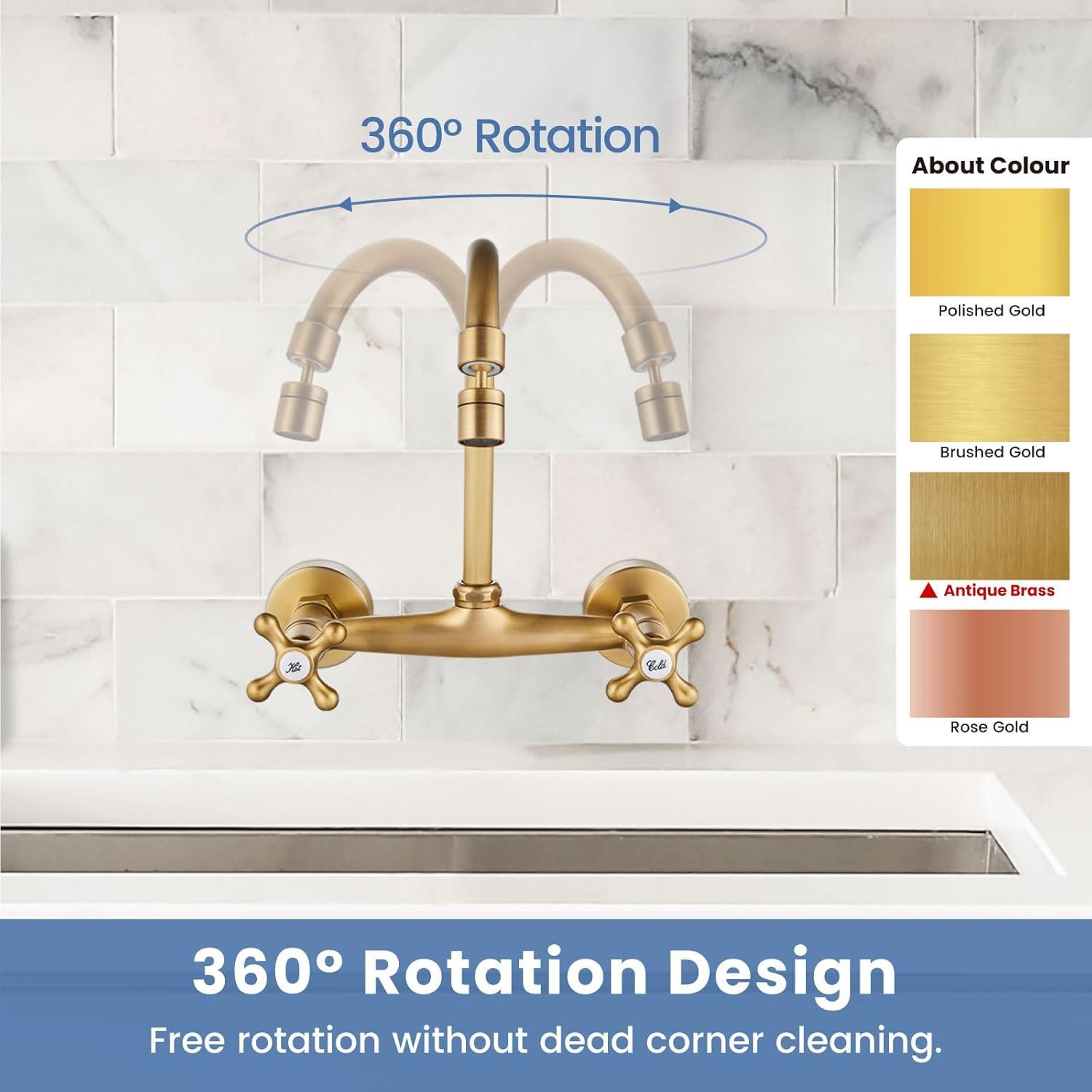 Airuida Wall Mount Kitchen Faucet with Sprayer Wall Mounted Kitchen Sink Faucet Double Cross Handles 360 Degree Swivel Spout Restaurant Mixer Tap Commercial 8 Inch Center Antique Brass