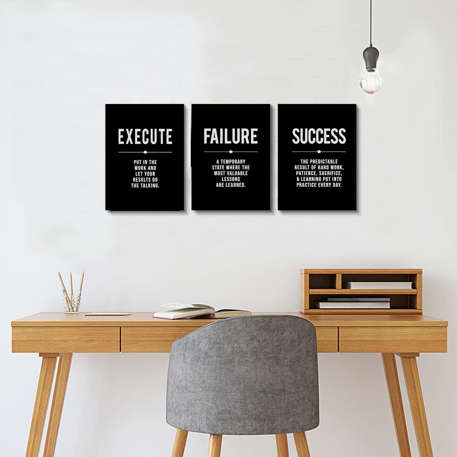 Framed Canvas Wall Art Success Quote For Office, Black Large Positive Motivational Poster, Set of 3, Execute Failure Definition, Inspirational Print (A-3pcs,12x16inchx3pcs)