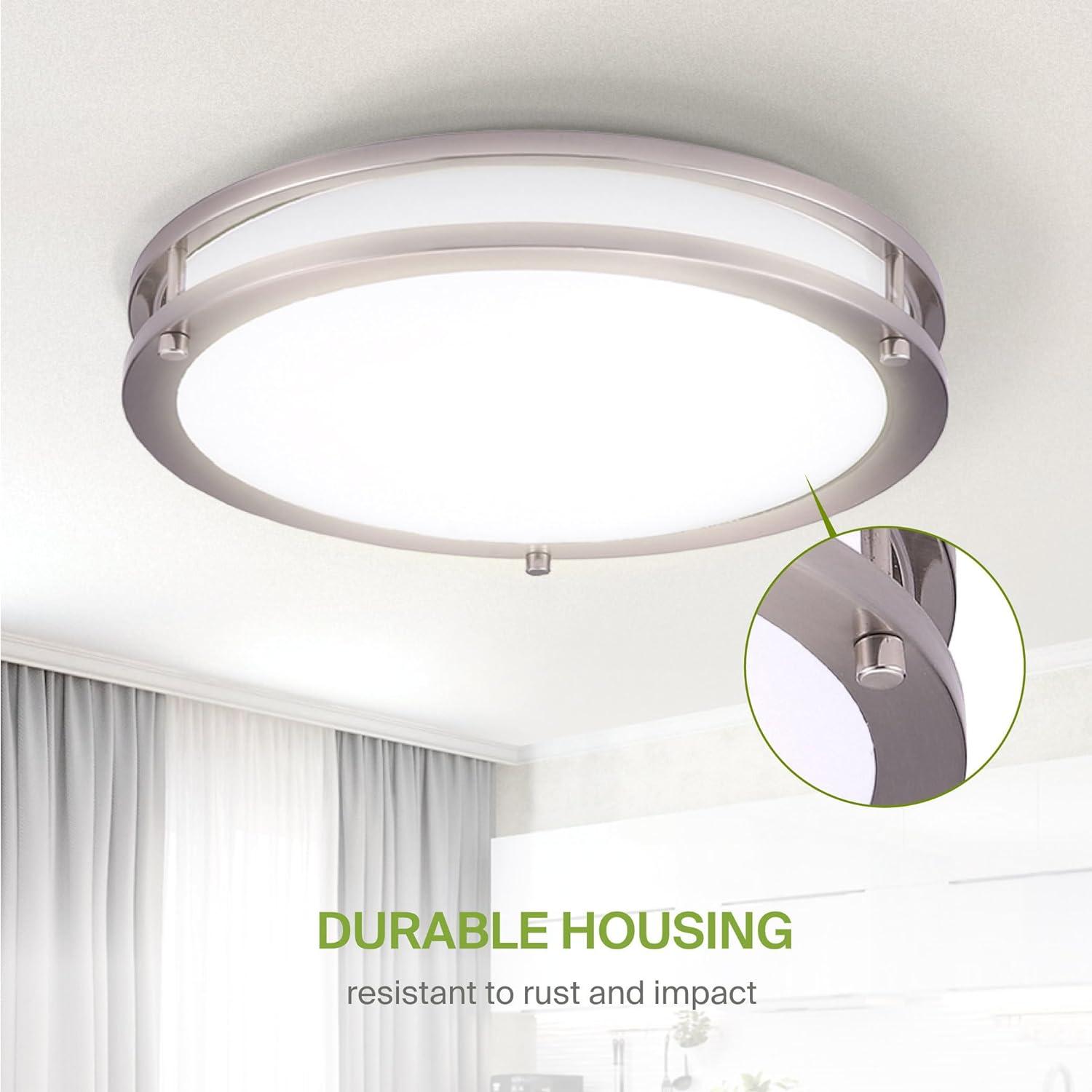 ASD LED 18 Inch Round Flush Mount Light Fixture | 28W 2250LM 3000K-5000K 120V | 3CCT, Dimmable, Energy Star, ETL Listed | Close To Ceiling Double Ring Lamp, Low Profile Lighting | Nickel