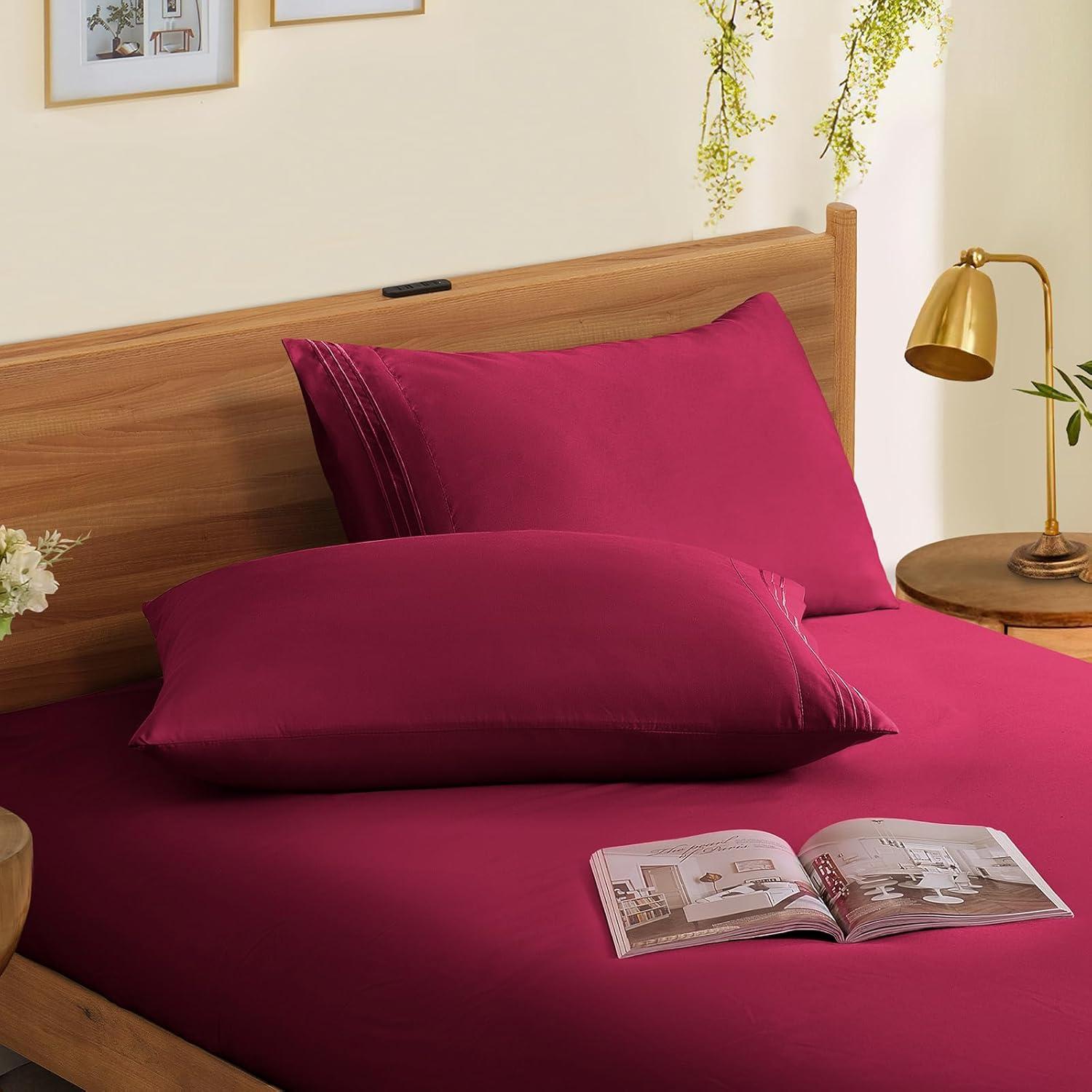 PiccoCasa 2Pcs Cotton Pillowcases Embroidered Pillow Covers, Queen Burgundy