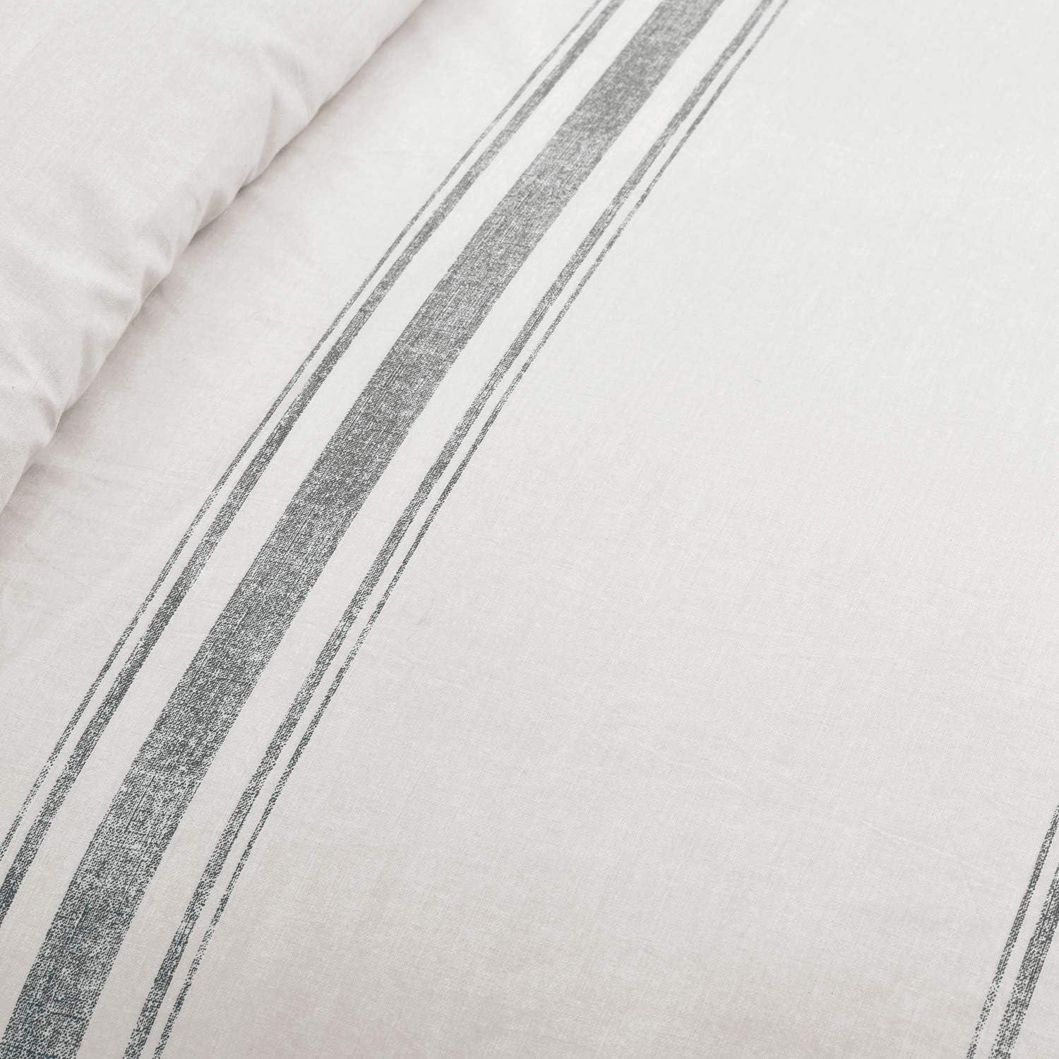 Gray Cotton Full/Queen Farmhouse Stripe Reversible Duvet Cover Set