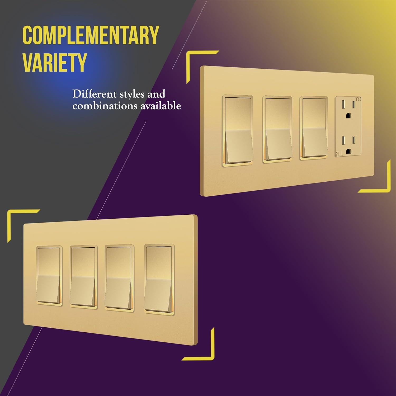 ENERLITES Elite Series Screwless Decorator Wall Plate Child Safe Outlet Cover, Gloss Finish, Size 4-Gang 4.68" H x 8.30" L, Unbreakable Polycarbonate Thermoplastic, SI8834-GD, Gold