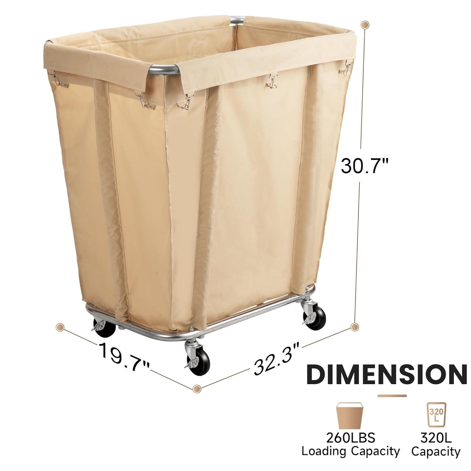 Laundry Cart with Wheels 320L Large Rolling Laundry Cart for Commercial/Home, Rolling Laundry Basket with Steel Frame and Waterproof Lining, 9 Bushel, 32.3L x 19.7W x 30.7H Inch, Beige