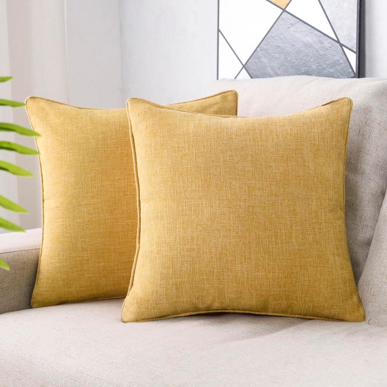 Set of 2 Mustard Yellow Linen Throw Pillow Covers 18x18 Inch