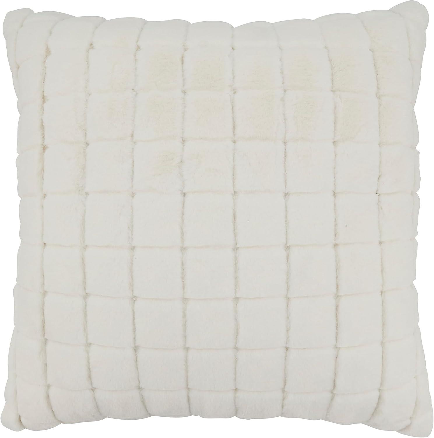 Ivory Grid Faux Rabbit Fur Square Throw Pillow 18"