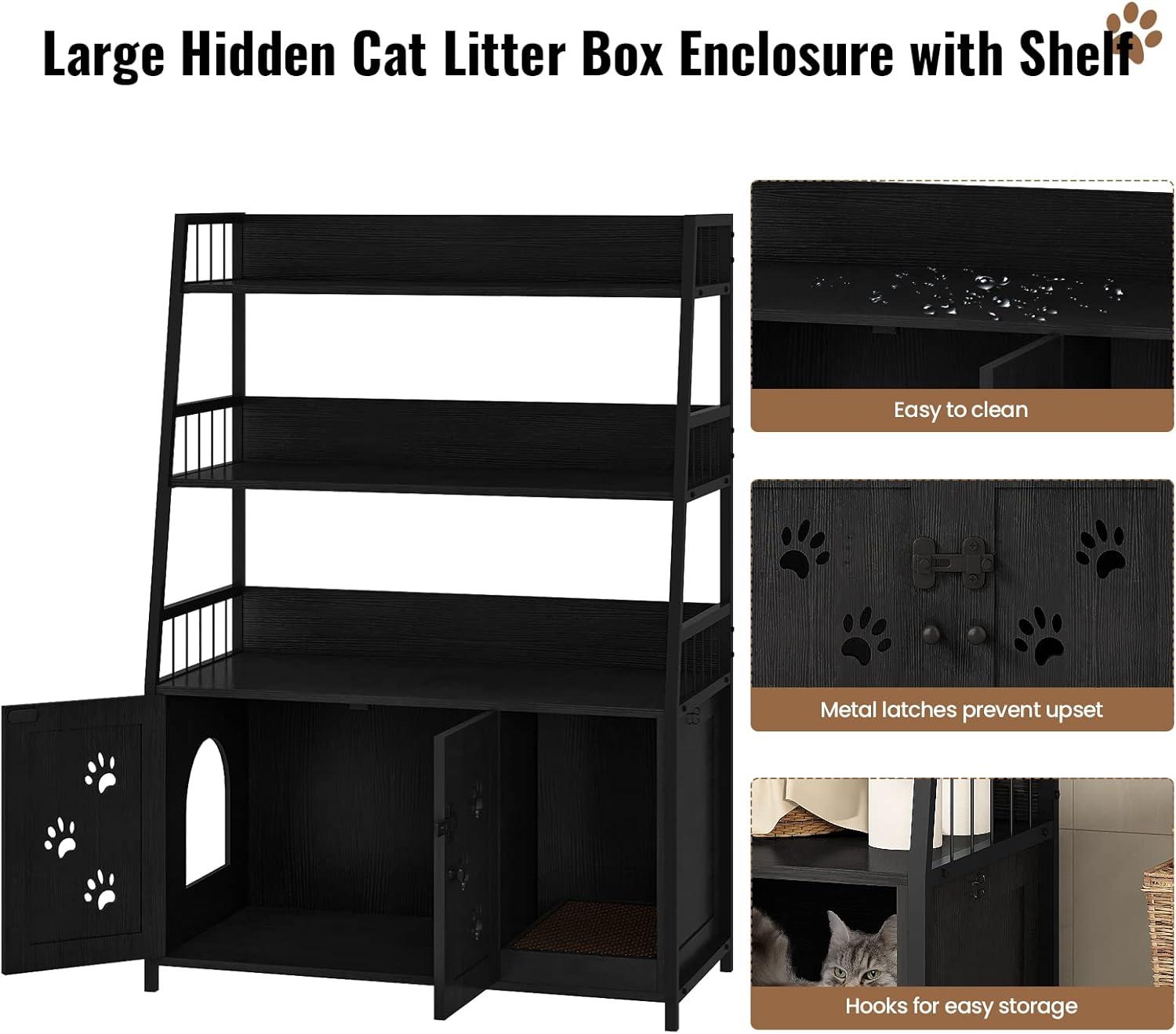 Recaceik Large Cat Litter Box Enclosure with Shelf Storage, Hidden Cat Washroom Furniture, Wooden Cat House with Scratch Pad, Sturdy Indoor Cat Cabinet with 2 Doors, Black
