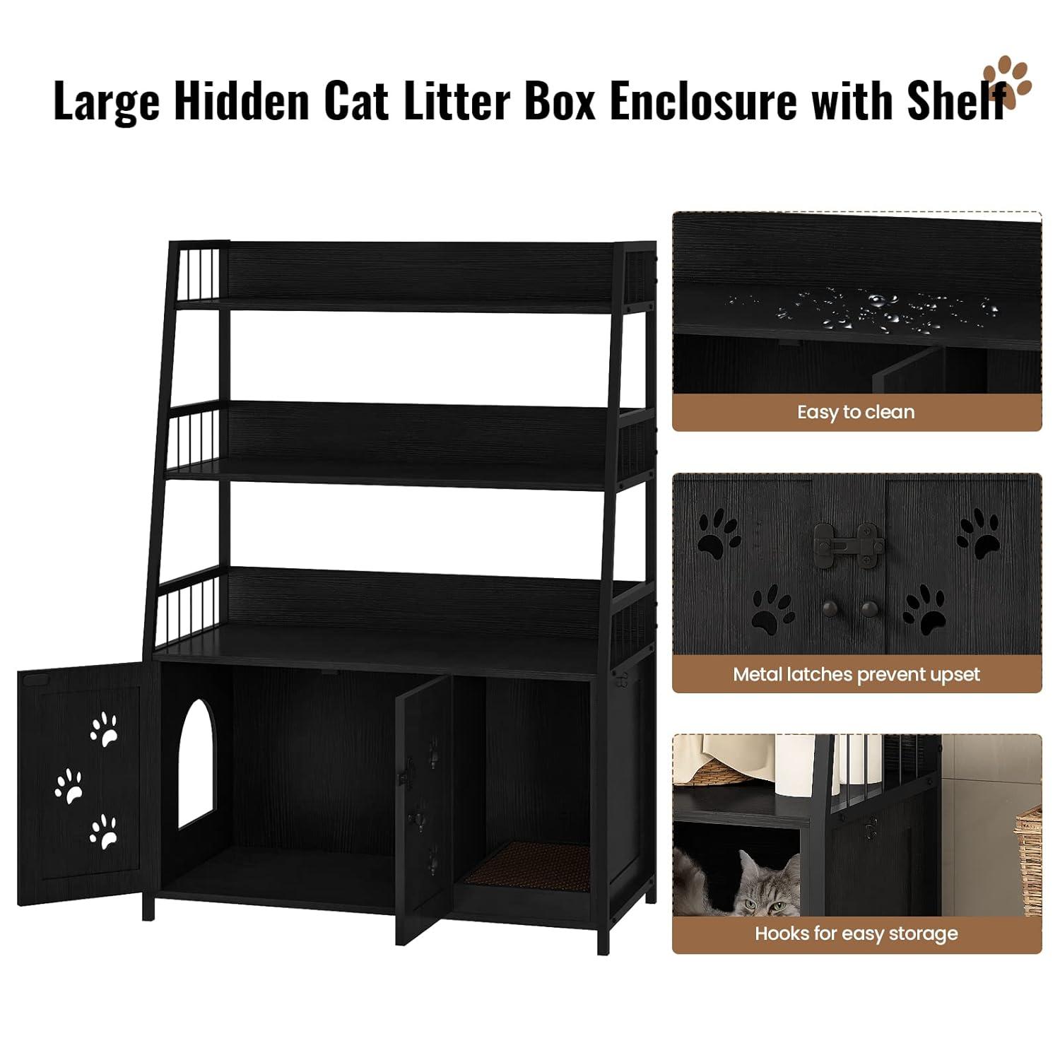 Recaceik Large Cat Litter Box Enclosure with Shelf Storage, Hidden Cat Washroom Furniture, Wooden Cat House with Scratch Pad, Sturdy Indoor Cat Cabinet with 2 Doors, Black
