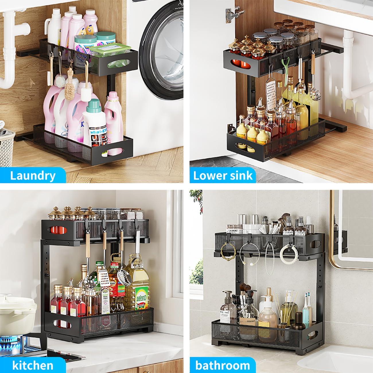 Rebrilliant Under Sink Organizer, 2 Tier Under Sink Organizers And Storage, Metal Slide Out Pull Out Cabinet Organizer ,2 Pack Sliding Drawer Organizer For Kitchen Bathroom Pantry