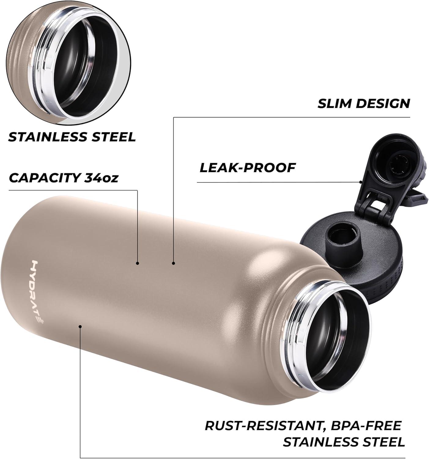 Hydrate Insulated Water Bottle Stainless Steel - Large 1L Flask Water Bottles with Leak-Proof Design and Handle - Stay Refreshed Double Vacuum Insulation for School, Work, or Adventure