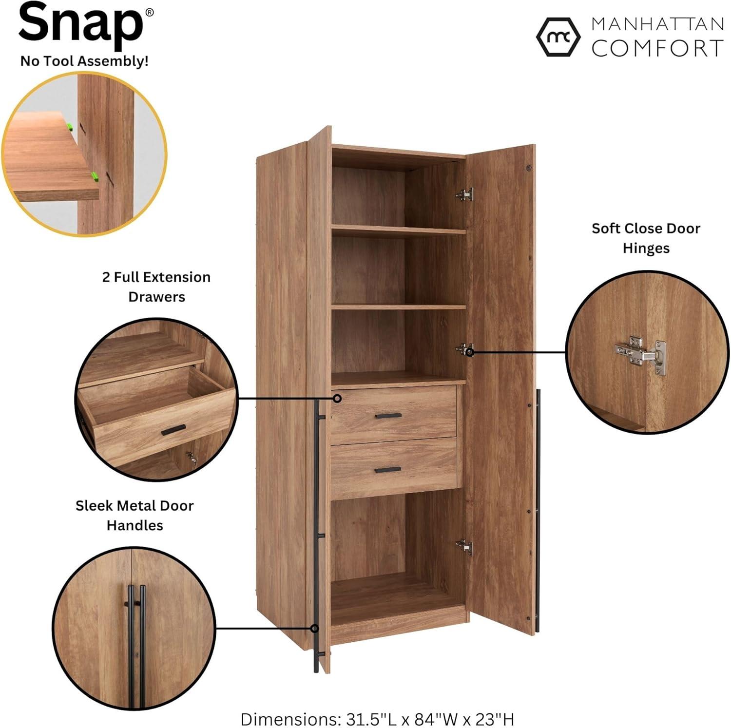 Manhattan Comfort Set of 2 Lee 2 Door and 2 Drawer Wardrobe Closets Golden Brown: Modern MDF, Metal Hardware, 8 Shelves
