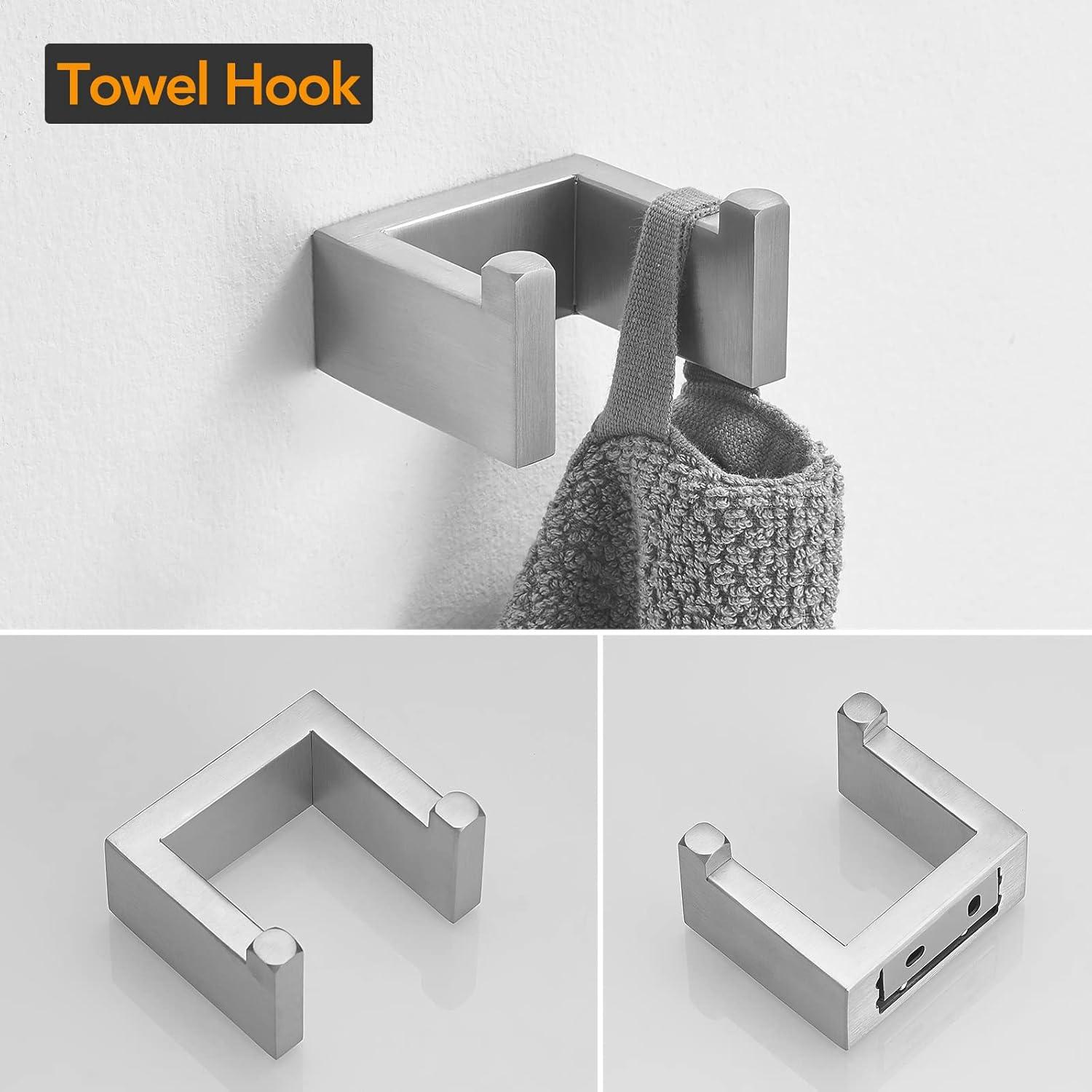 4-Piece Bathroom Hardware Set, Towel Rack Towel Bar Towel Holder Toilet Paper Holder Towel Hooks Modern Square Premium Stainless Steel Brushed Nickel Wall Mounted Bathroom Accessories Set