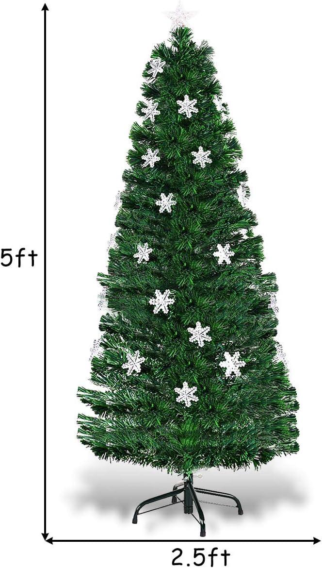 Tangkula 5'Pre-Lit Optical Fiber Artificial Christmas Tree w/ Multicolor LED Lights Snowflakes