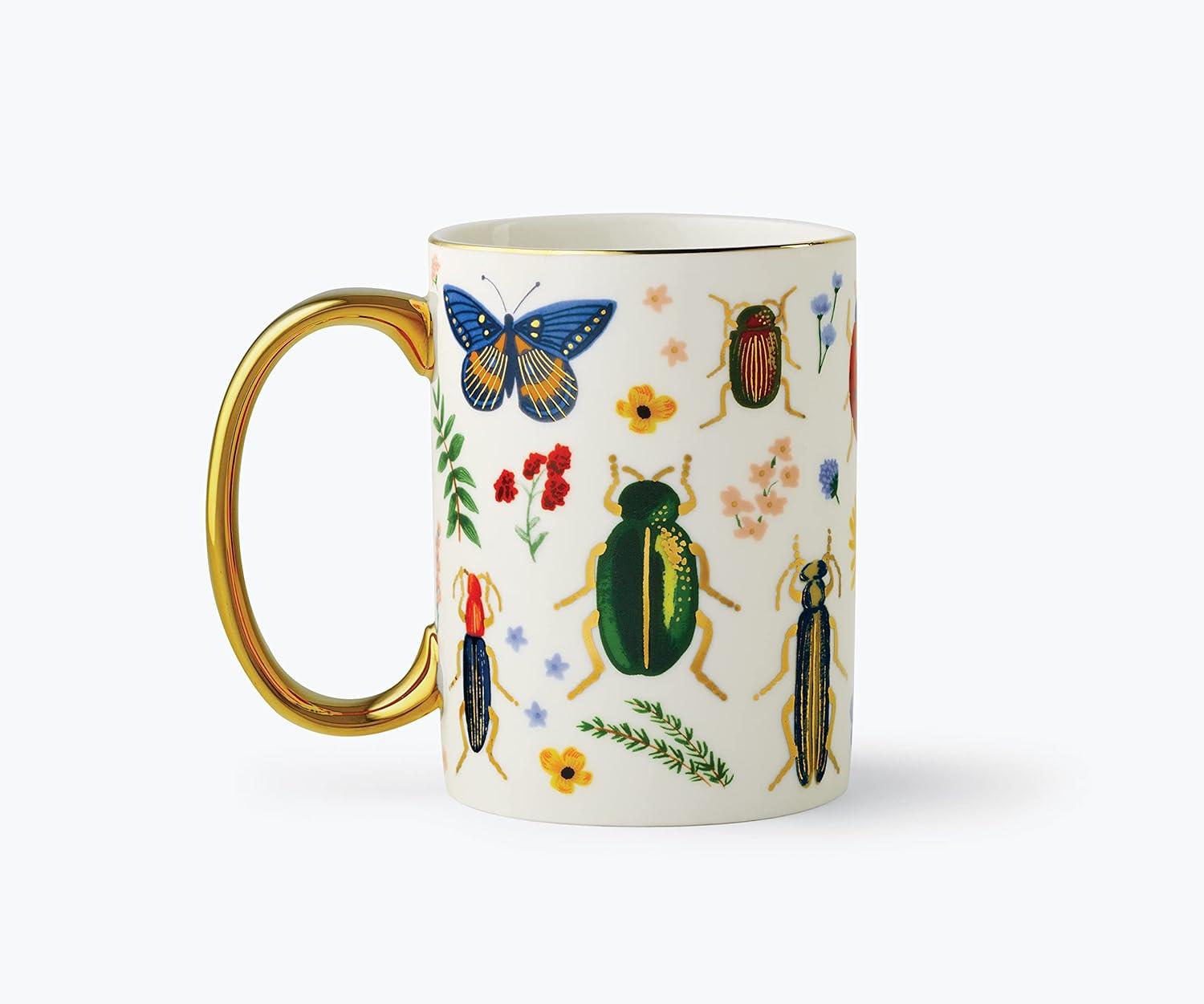 White Ceramic Mug with Gold Accents and Nature Illustrations