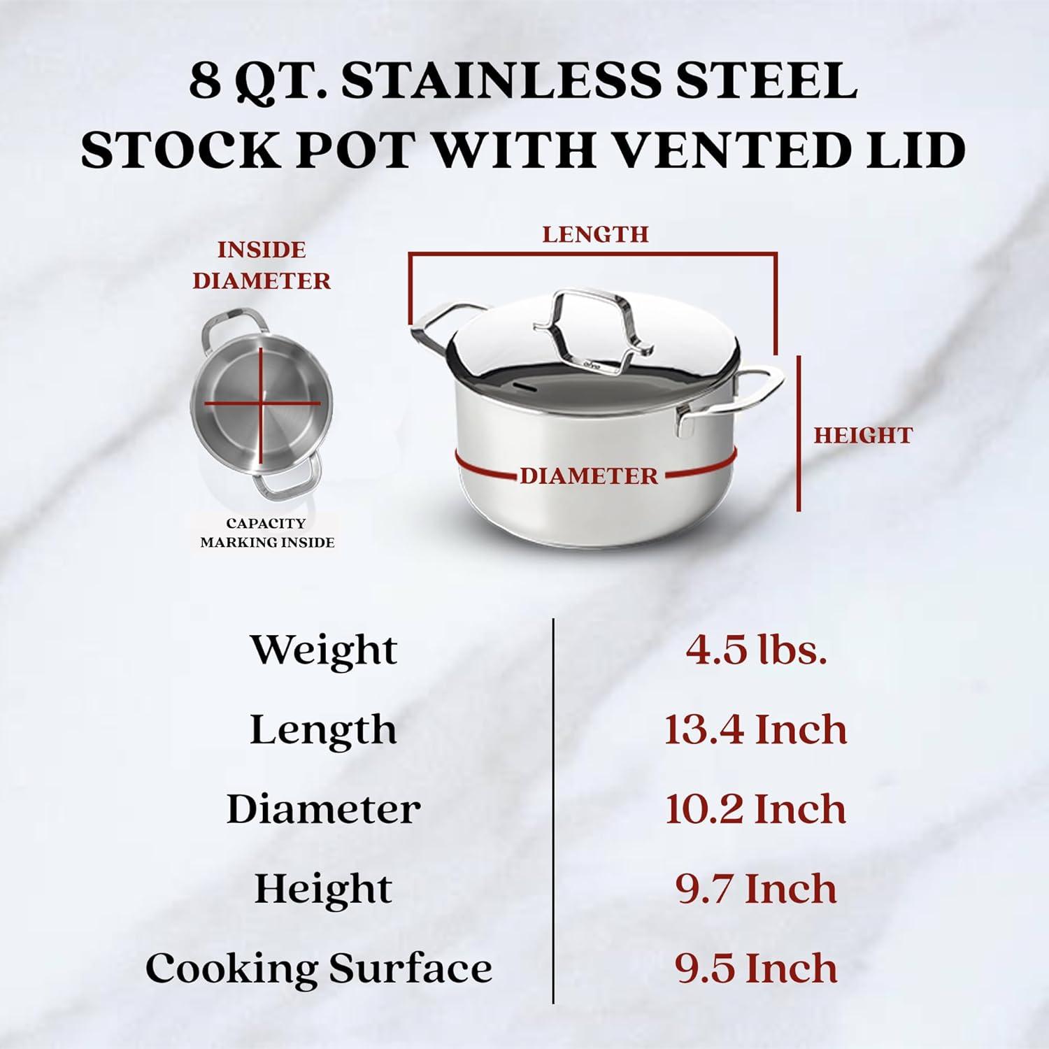 Alva Maestro 8 Qt. Stainless Steel Stock Pot with Lid Scratch Resistant Non-Toxic PFAS Free Compatible with All Stovetops Oven Safe & Induction Safe