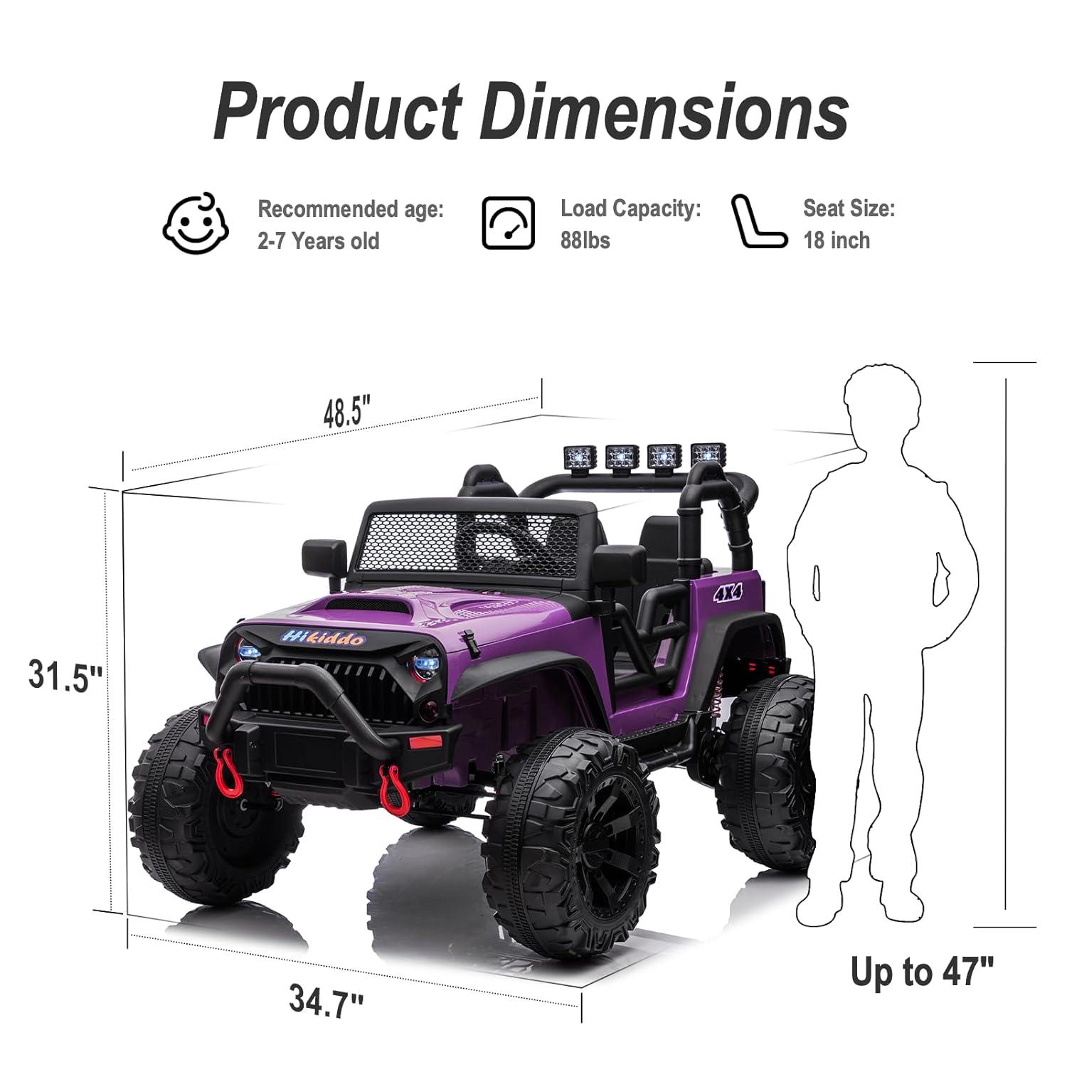 Hikiddo 24 Volt Ride on Toys, 2-Seater Ride on Truck Electric Car for Big Kids with Remote, Bluetooth - Purple