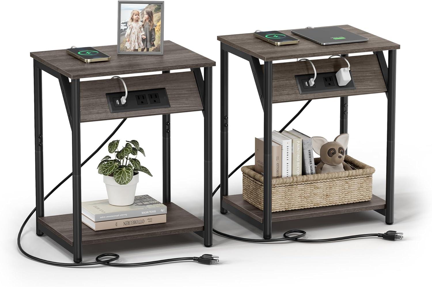 Chestnut Brown and Black Metal End Tables with Charging Station, Set of 2