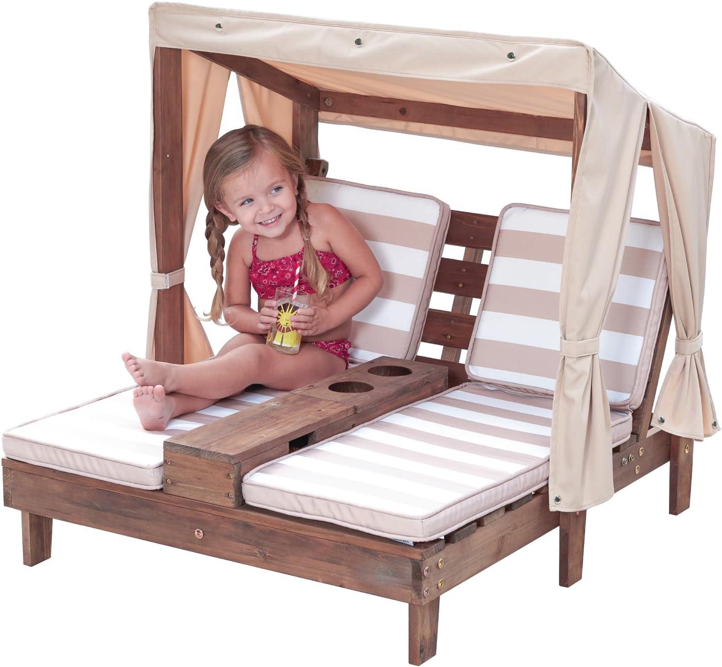 Wooden Outdoor Double Lounger with Cup Holder, Wood Color, L x W x H 36.5 x 33.4 x 35.1 inches