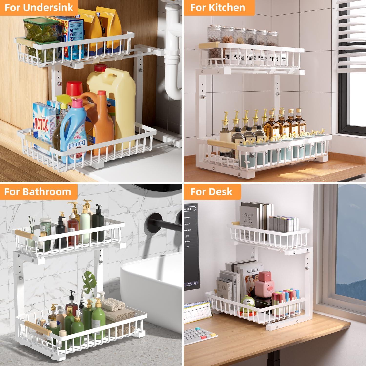 Rebrilliant Under Sink Organizer, 2 Tier Under Sink Organizers And Storage, Metal Slide Out Pull Out Cabinet Organizer ,2 Pack Sliding Drawer Organizer For Kitchen Bathroom Pantry