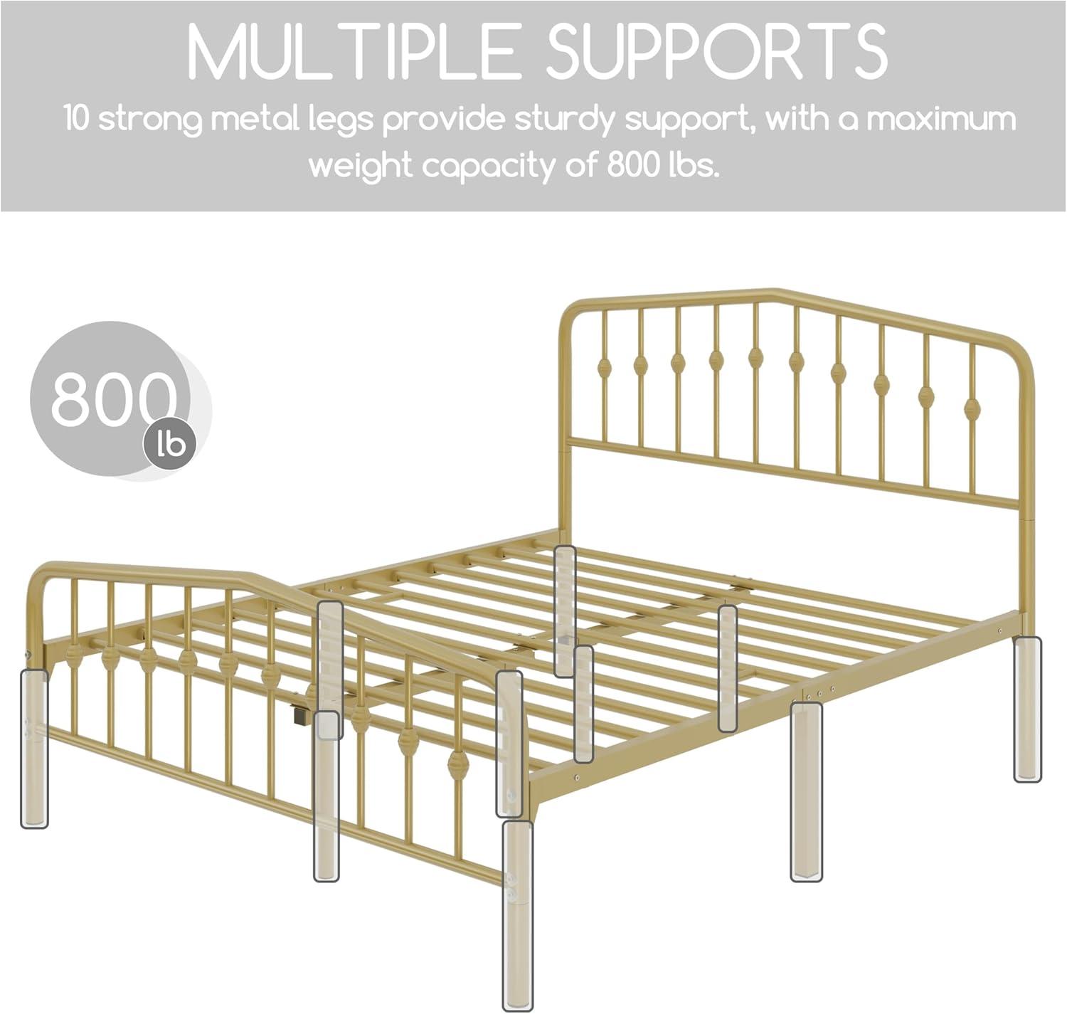 Antique Gold Queen Metal Platform Bed with Arched Headboard