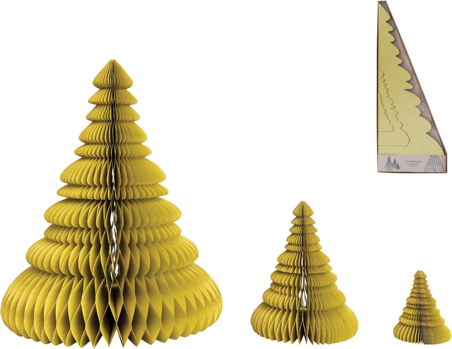 Creative Co-Op 20" Round x 26" H, 9-1/2" Round x 12" H & 5" Round x 6" H Handmade Recycled Paper Folding Honeycomb Trees w/Glitter, Chartreuse, Set of 3