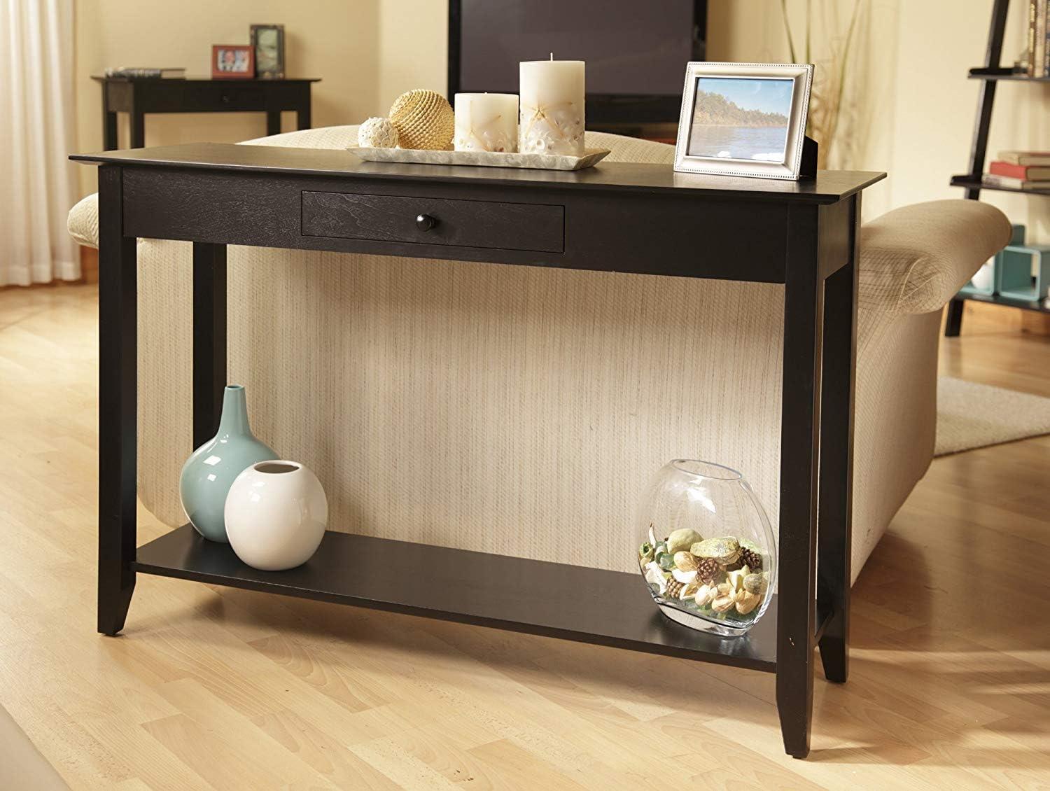 Black Wood Console Table with Drawer and Shelf