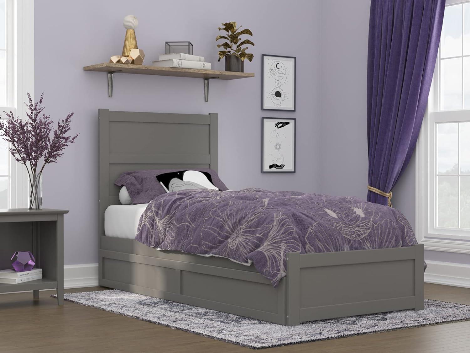 Gray Twin XL Wood Platform Bed with Trundle and Headboard