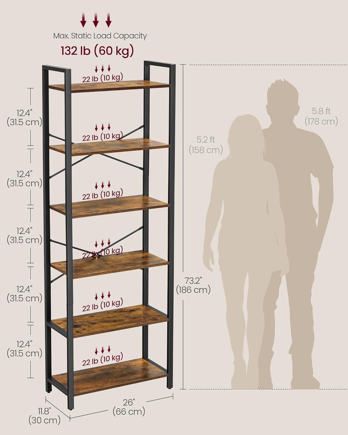 6-Tier Tall Bookshelf Large Bookcase with Steel Frame Deep Book Shelf for Living Room Home Office Study Rustic Brown and Black