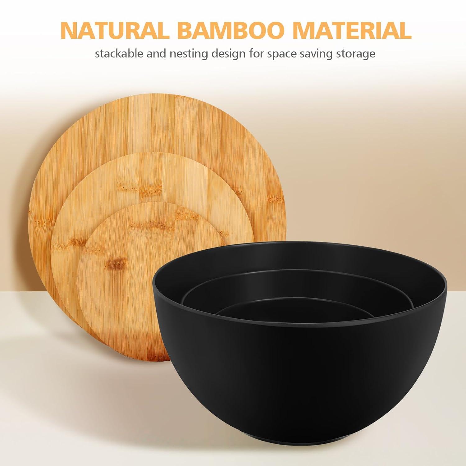 ShineMe Salad Bowl Set of 3, Natural Bamboo Fiber Salad Serving Bowls with Lids,Mixing Bowl for Preparing and Serving Salad, Cereal, Fruit, Veggies, Popcorn,Chips & Bread(10",8",6")