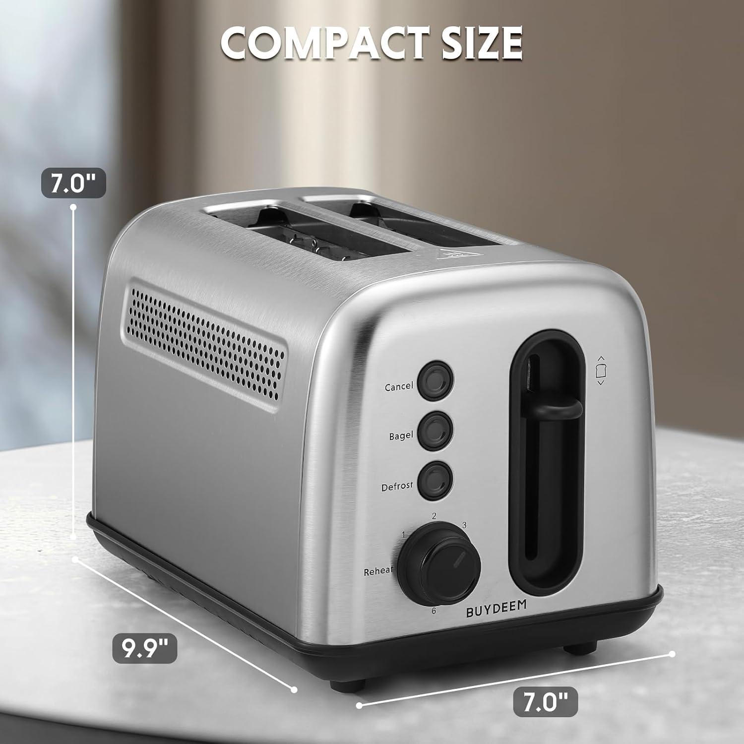 Compact Stainless Steel 2-Slice Toaster with Wide Slots