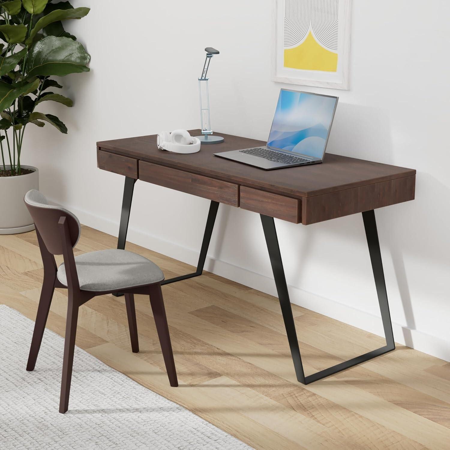 Simpli Home Lowry Solid Acacia Wood Desk, Industrial Style with Keyboard Tray and 2 Drawers