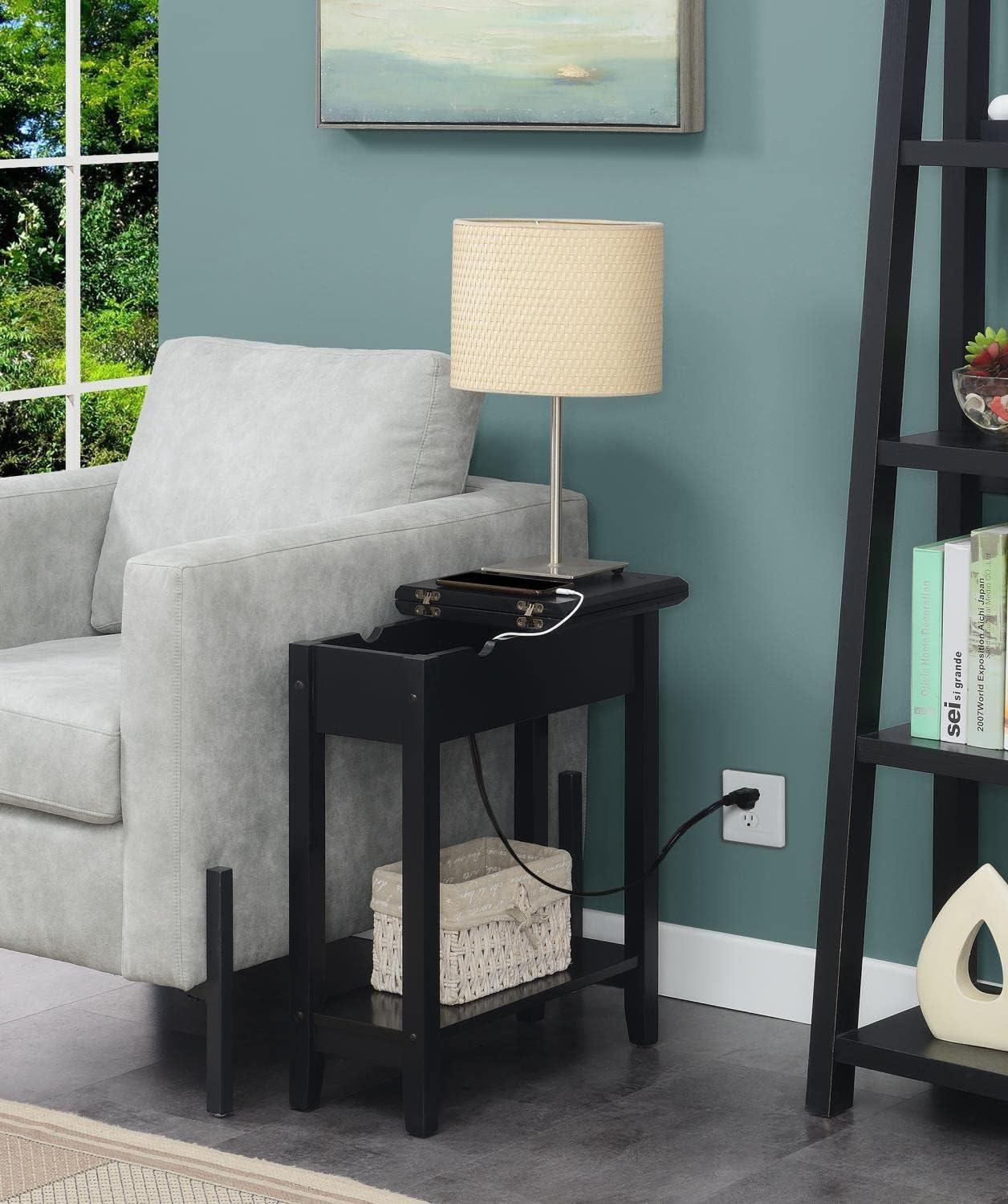 American Heritage Flip Top End Table with Charging Station and Shelf Black